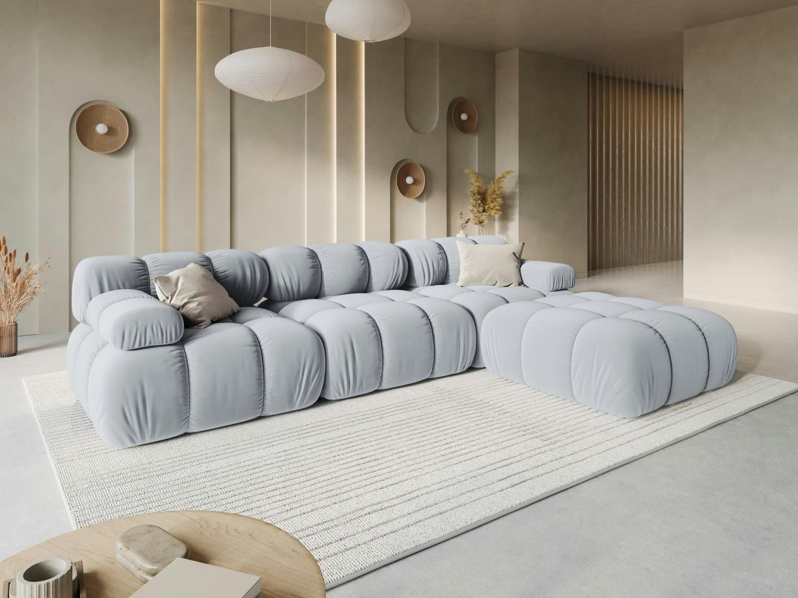 BELLIS - Canapé modulable 3 places en tissu velours bleu clair