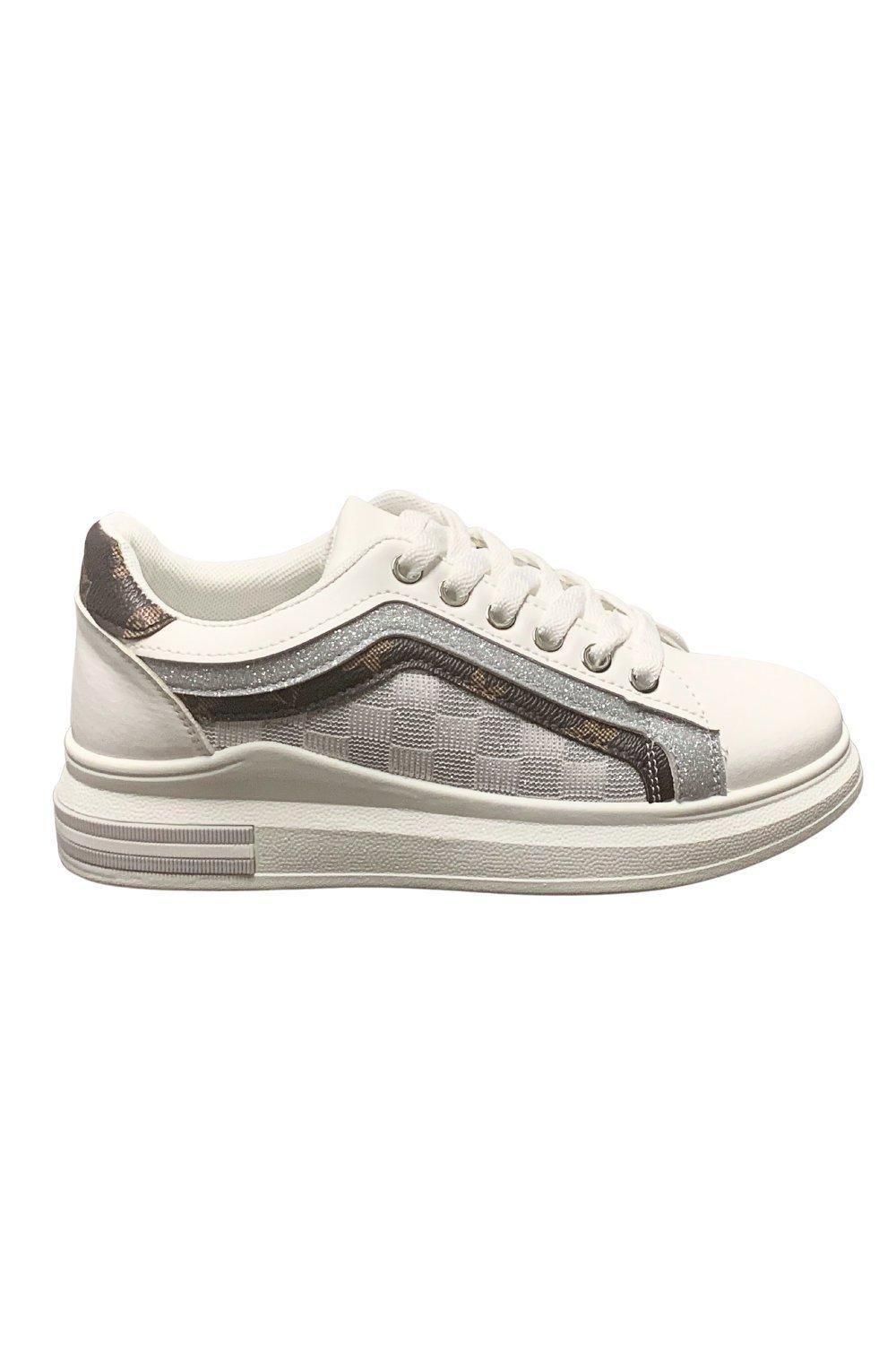 IVACHY Fashion Glitter with Print Pattern Lace-Up Chunky Wedges Trainers
