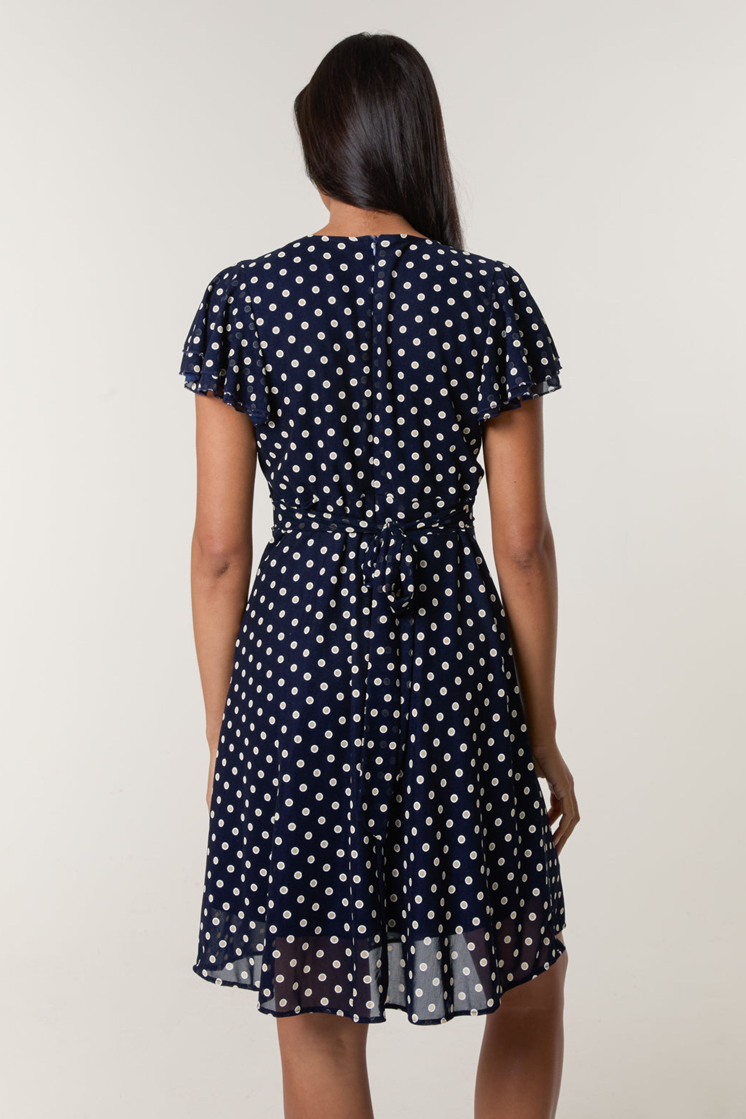 Blue Vanilla Navy Polka Dot Mesh Frill Sleeve Wrap Dress With Tie Waist