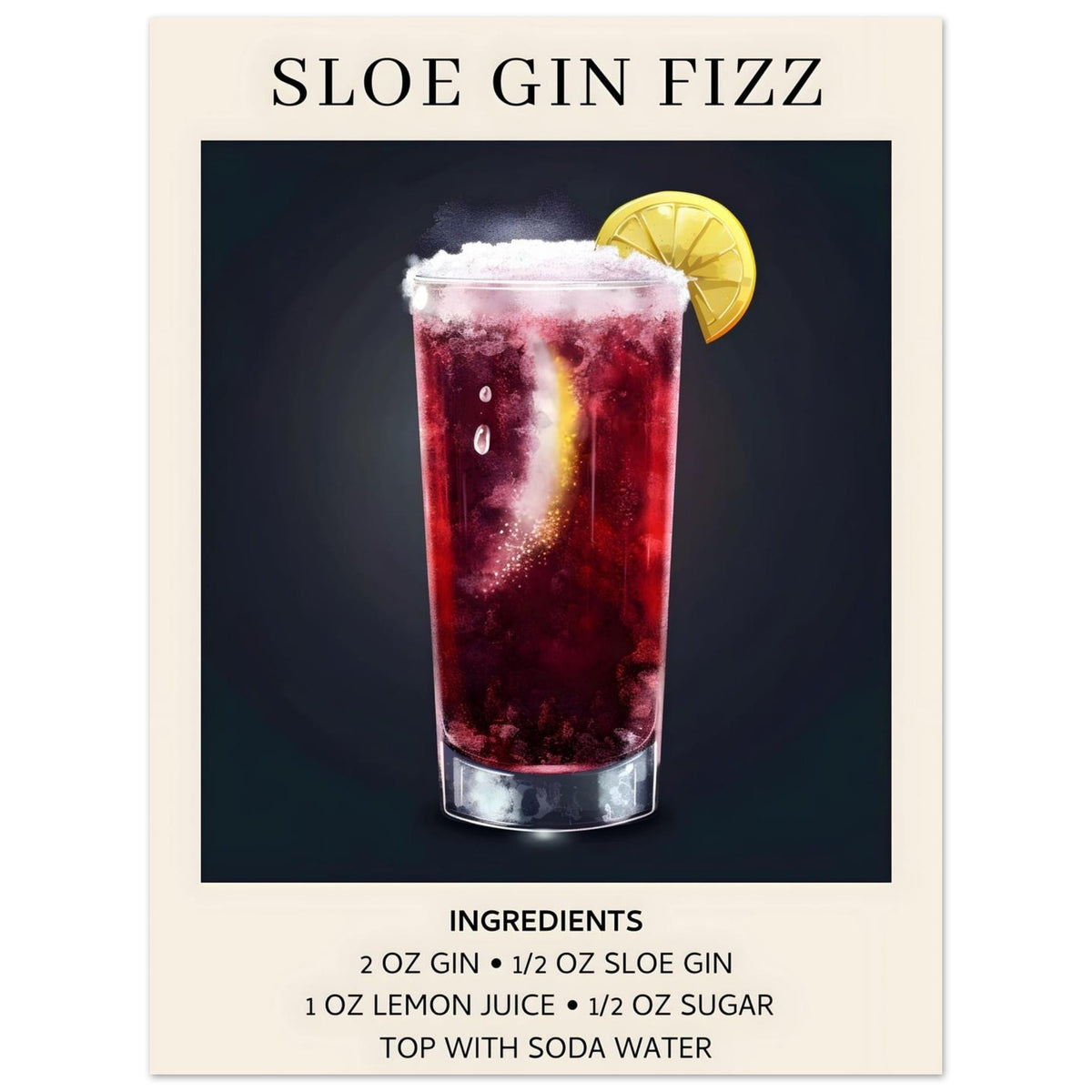 Artfulprints Poster Sloe Gin Fizz cocktail - Ingrediënten  - 30x40 cm - Zwart