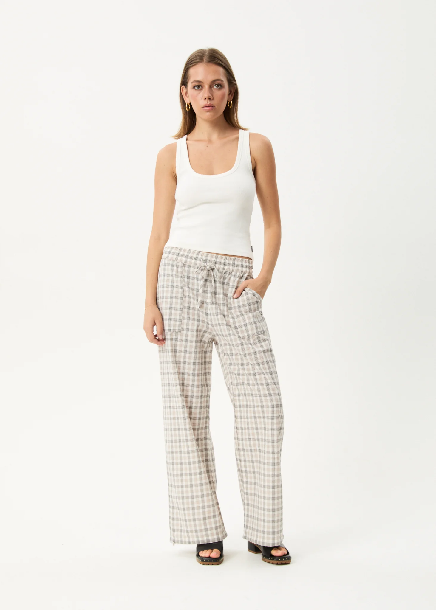 AFENDS Womens Leo - Seersucker Wide Leg Pant - Coffee / White
