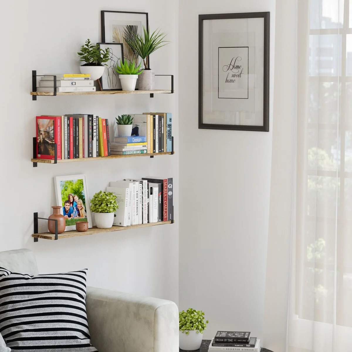 Wallniture Toledo 36 Solid Wood Floating Bookshelf Set of 3, Burned Finish