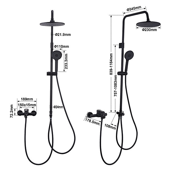 Colonne de Douche Mecanique avec Mitigeur 2 Fonctions Jet Pluie Douchette a Main Hauteur Reglable 839 a 1164 mm Inox Noir