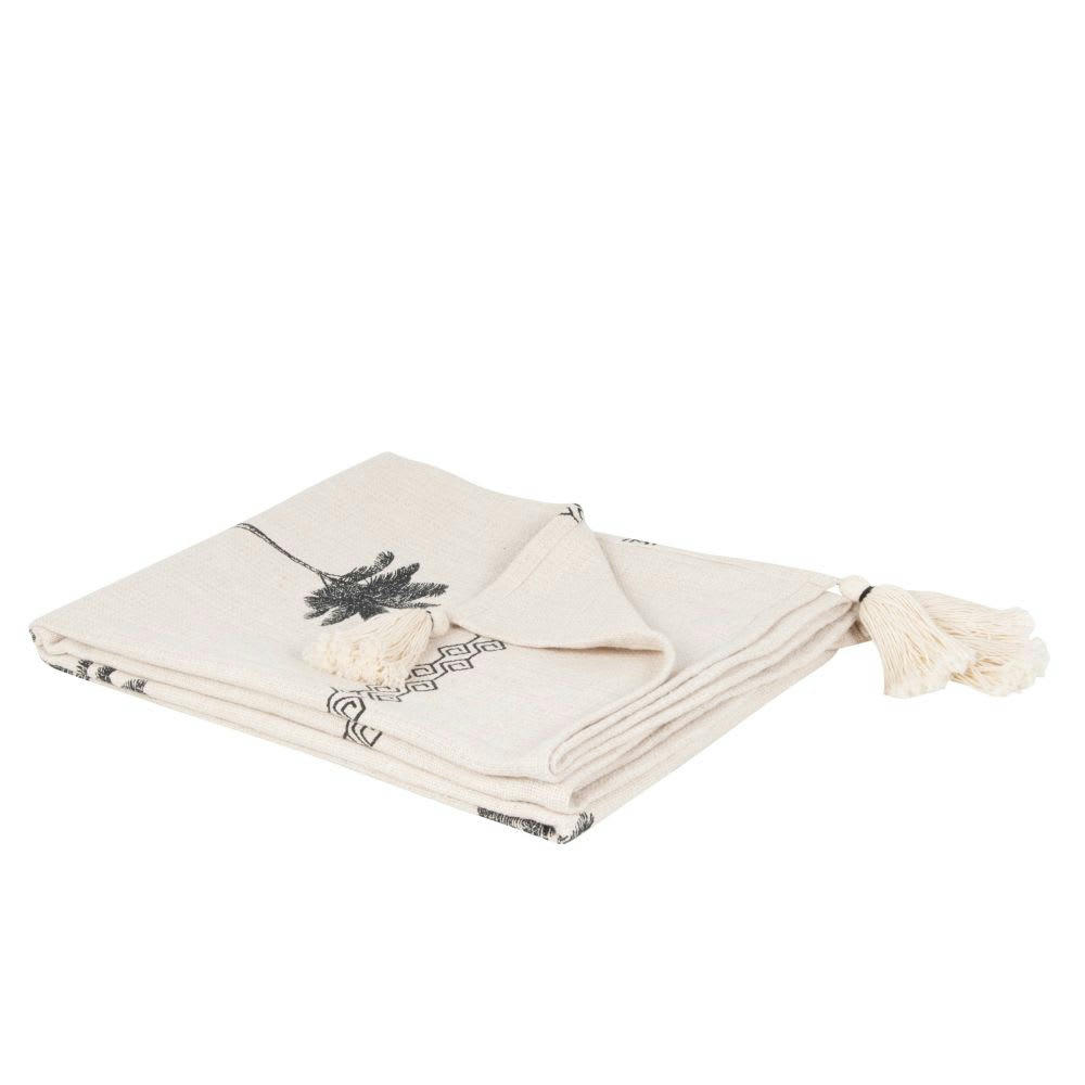 SHANIA - Plaid en coton motifs palmiers noirs et blancs à franges 130x170