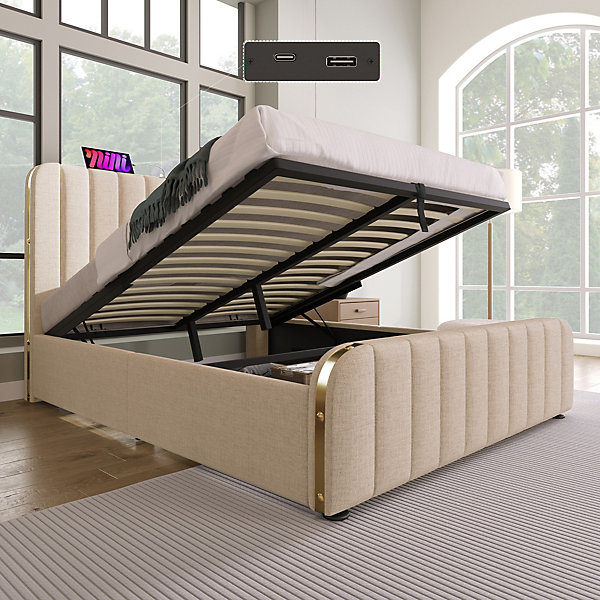 Lit 140x200 cm, tapissé lin beige avec tête de lit décor métal doré, rangement hydraulique et port USB-C