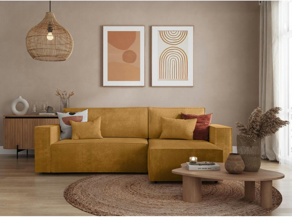 - Canapé d'angle réversible et convertible 3 places velours côtelé Jaune