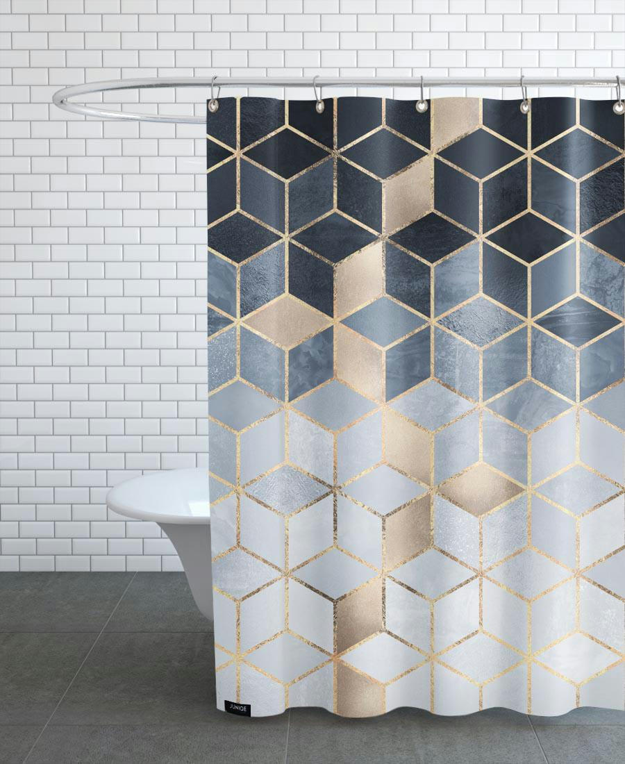SOFT BLUE GRADIENT CUBES - Rideau de douche en polyester en bleu & gris 150x200