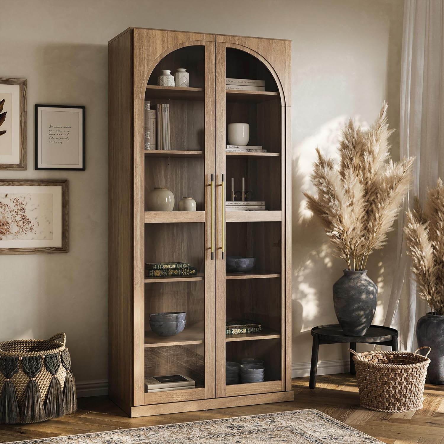 BELLEZE Modern Wood Wine Curio Cabinets with 4 Adjustable Shelves, 67 Storage Cabinet, 6 Shelf Glass Bookshelf Display Cabinet, Trophy Display Case for Living Room, Wine, Camel
