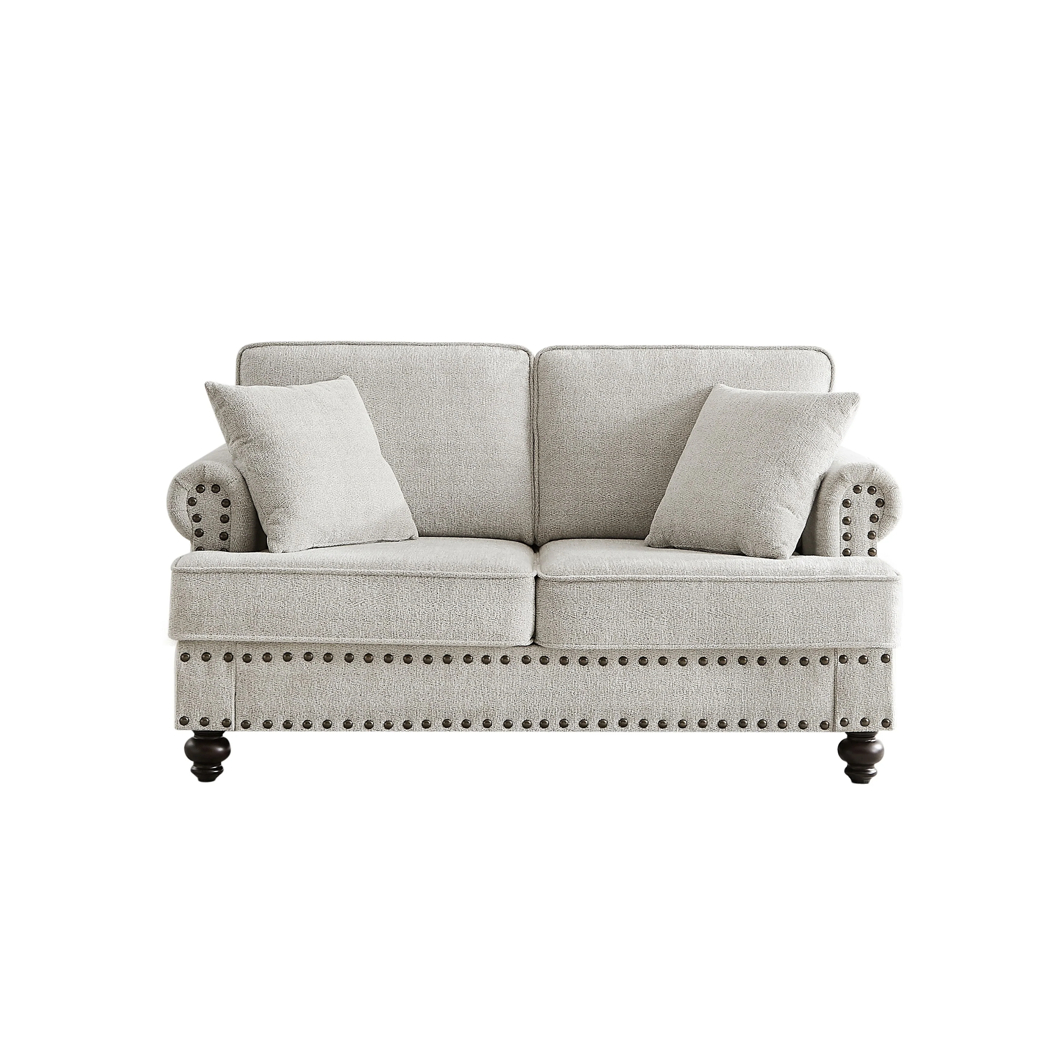 White 61'' Modern 2-Seater Sofa with Nailhead Trim, Pillows, and High-Density Cushions