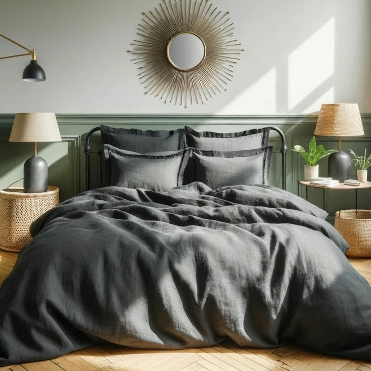 HORTENSE - Drap housse lin lavé  160x200x30 caviar