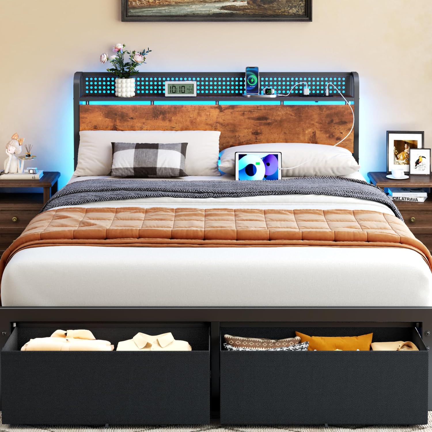Furnulem Queen Size Bed Frame with Headboard Storage, Platform Bed Frame Queen Size with 2 Drawers, Charging Station and LED Lights, No Box Spring Needed, Noise Free, Easy Assembly (1000 lbs Capacity)
