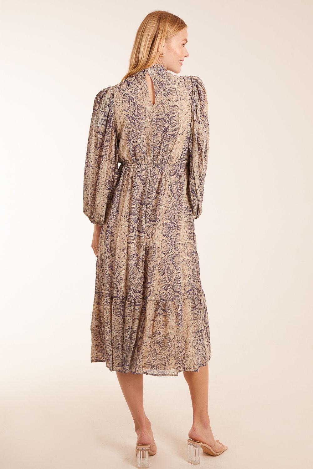 Blue Vanilla High Neck Pleated Sleeve Reptile Midi Dress