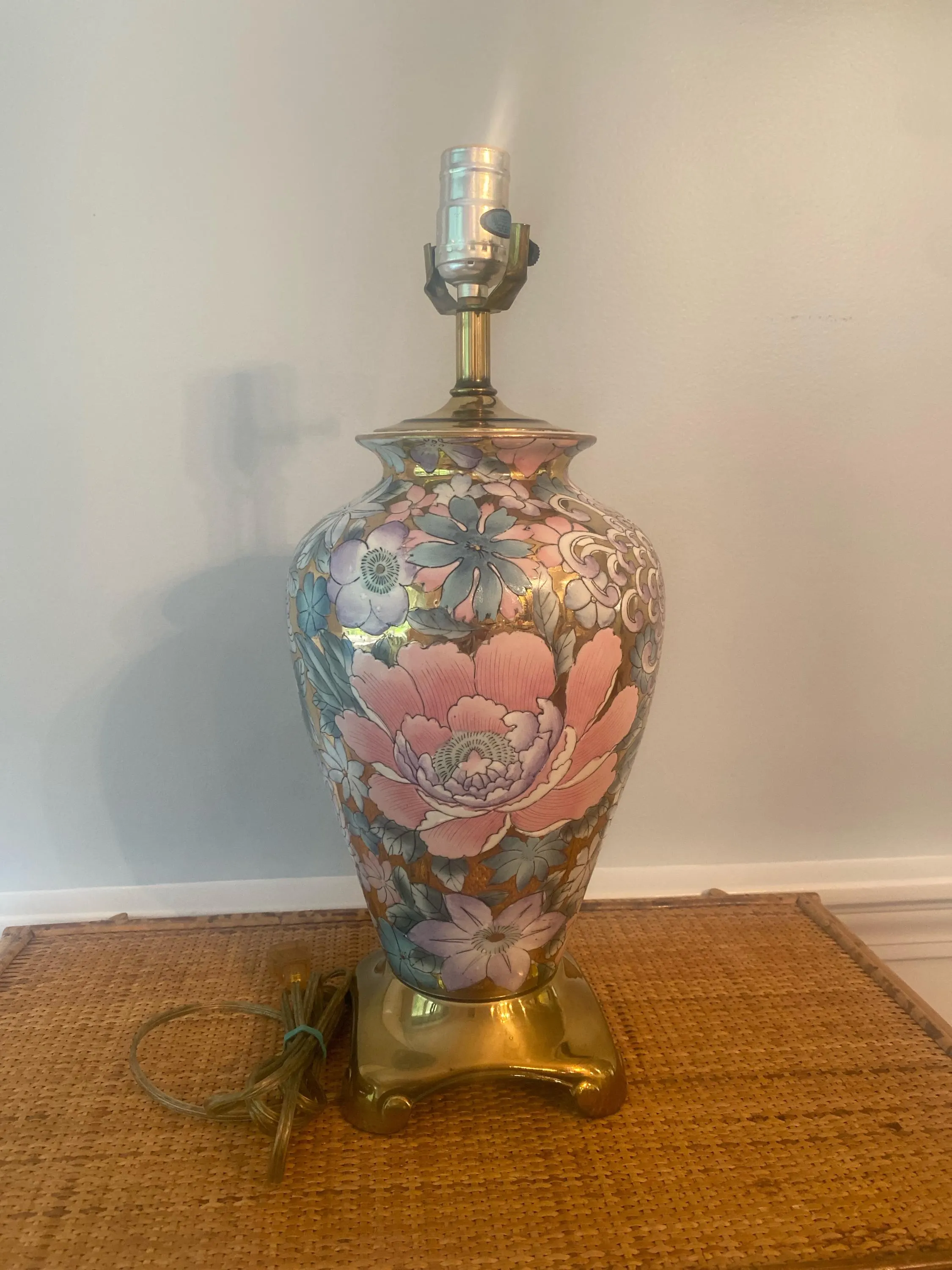 Toyo Golden Peony Motif Table Lamp; Vintage Chinoiserie Floral Ceramic Brass Accent Lamp, Asian Decor