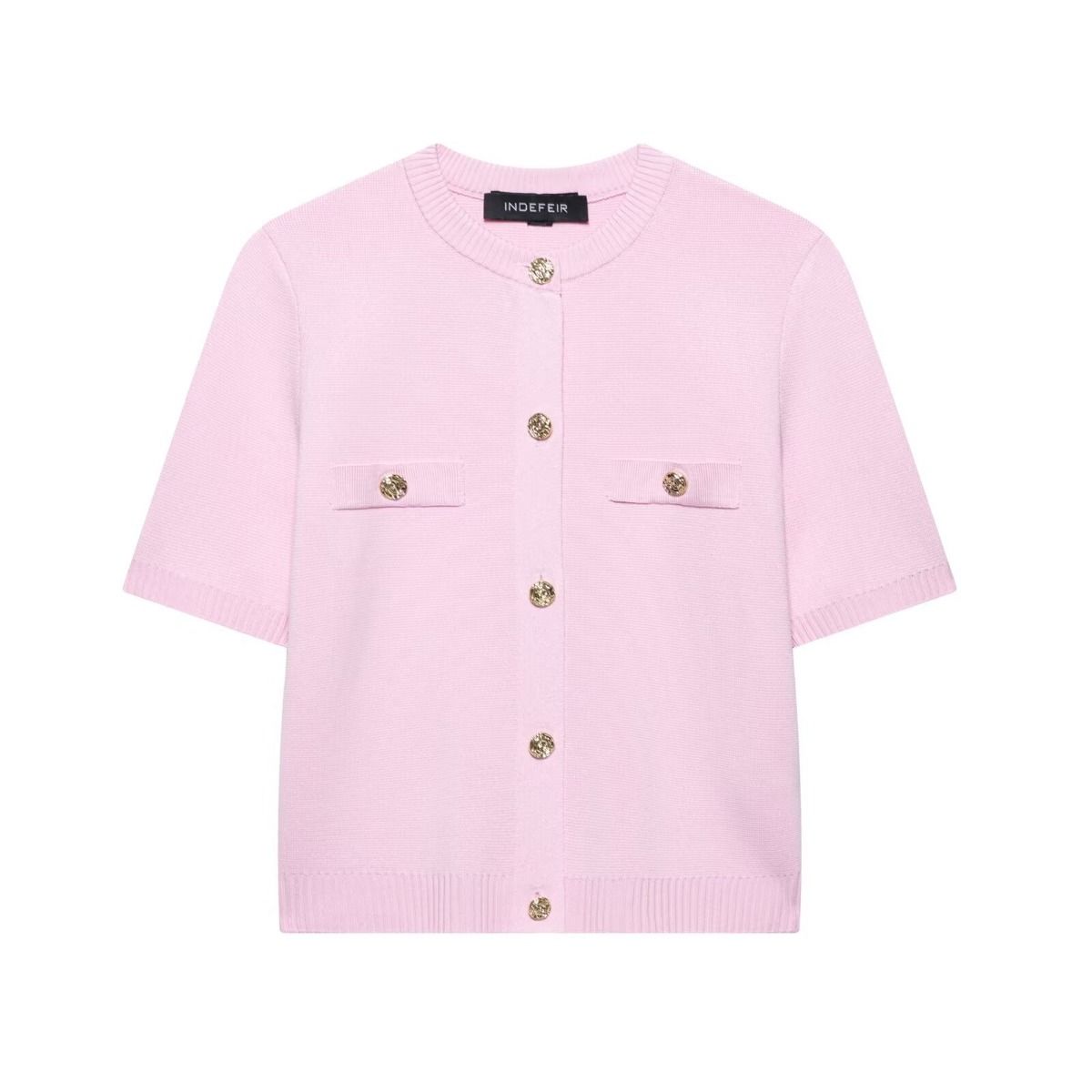 PEACH ACCESSORIES Short Sleeve Knit Top with Gold Button Accents