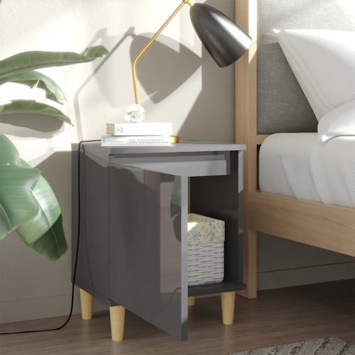 NNEVL Bed Cabinet with Solid Wood Legs High Gloss Grey 40x30x50 cm