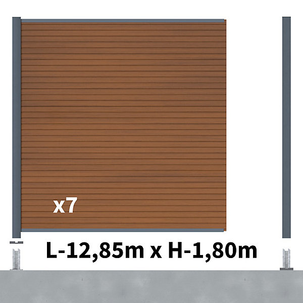 Kit Clôture Composite SANTOS Teck 13x1,8m - Bois composite &Aluminium - Poteaux sur Platines Gris - Brise vue - Palissade