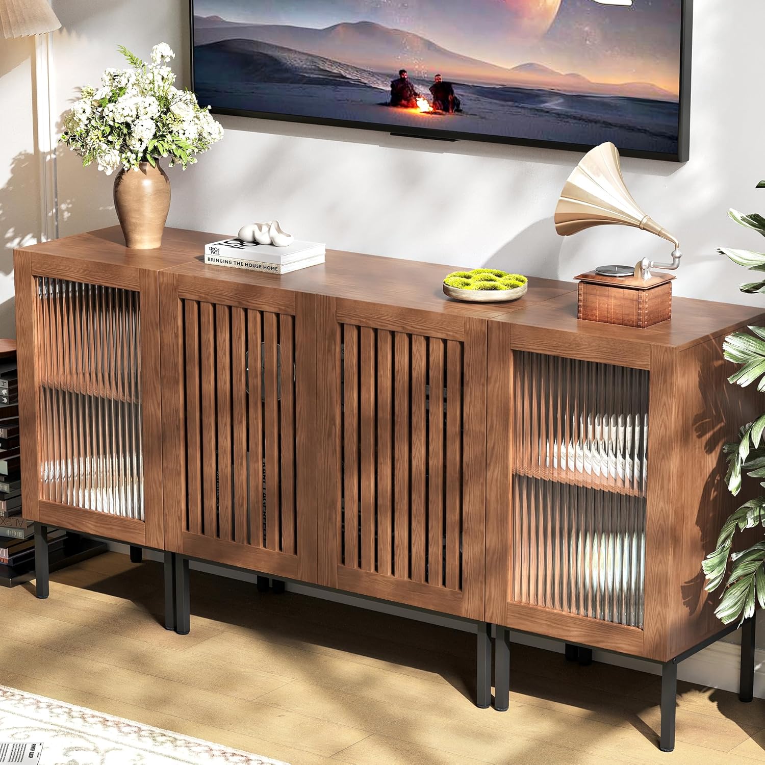 Modern TV Stand for TVs up to 70 Inch, Entertainment Center TV Console with Storage Cabinets and Glass Doors, Media Console for Living Room, Brown