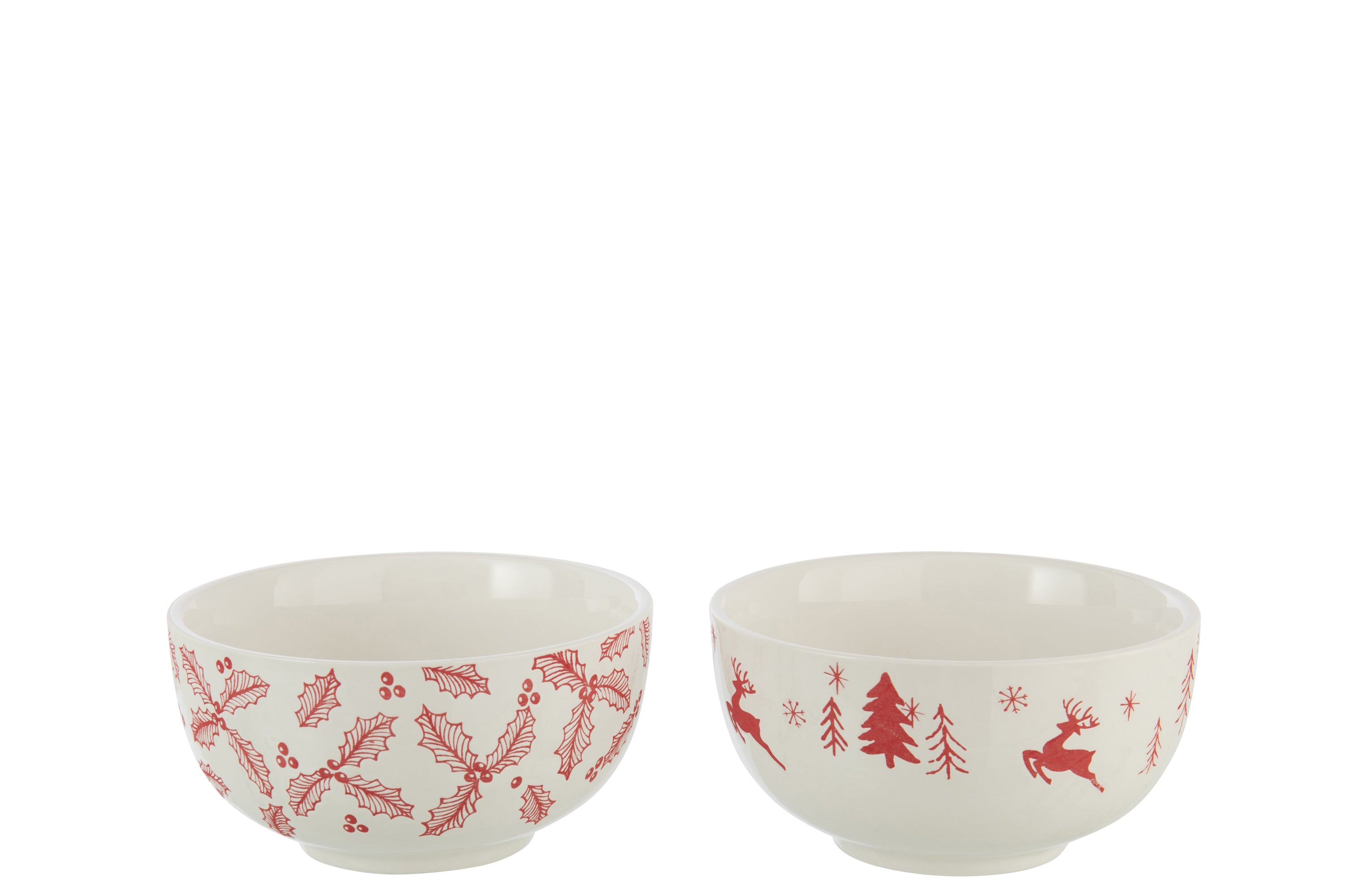 J-Line schaal Dolomiet - keramiek - wit/kerstrood - 2 stuks