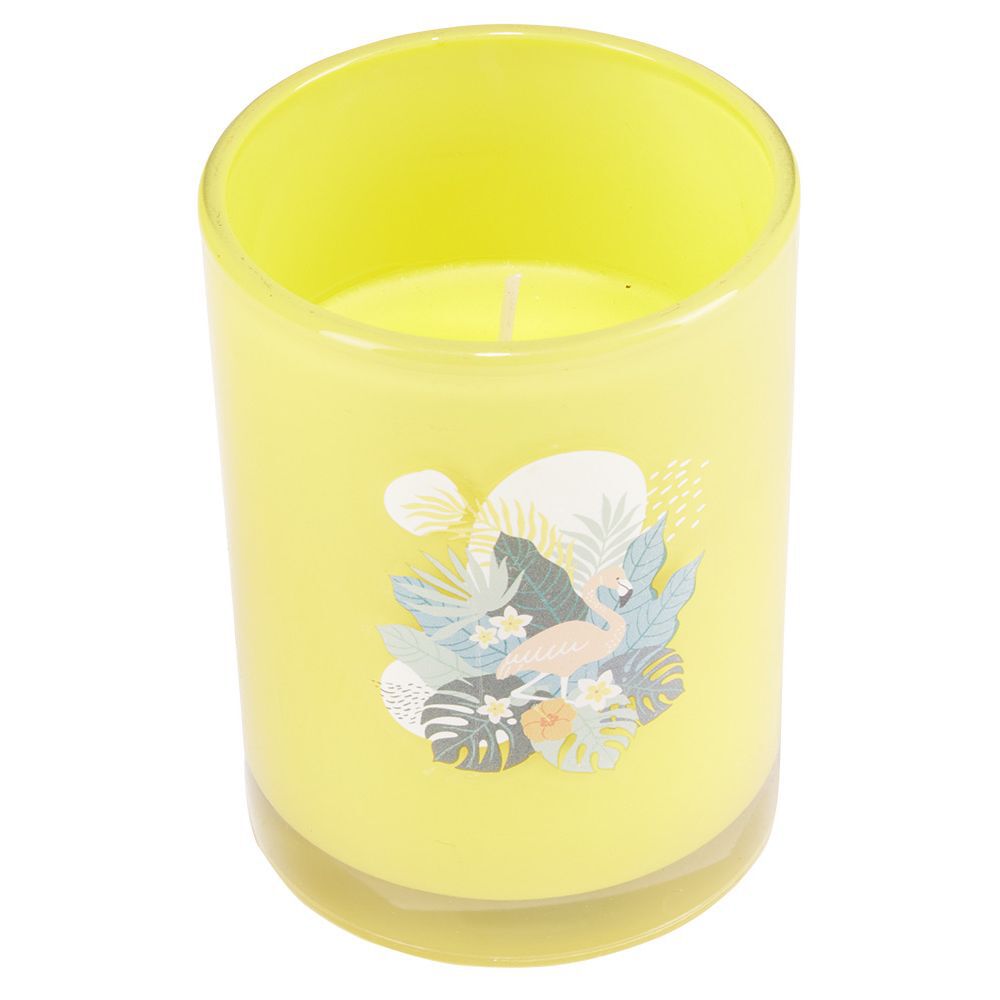 Bougie citronnelle pot en verre coloré motif tropical 28H - Ø13xH8cm