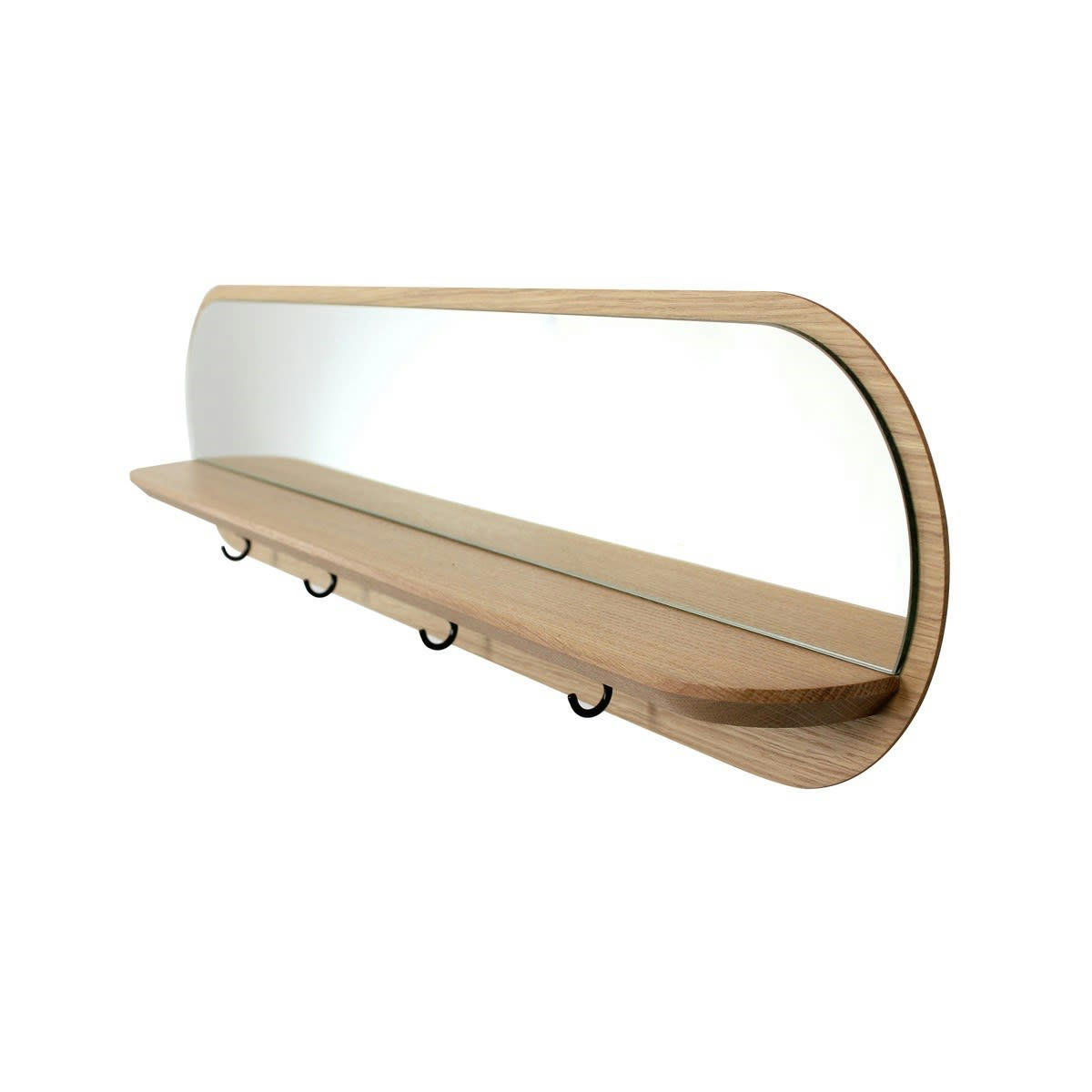 MOONLIGHT - Miroir avec tablette et porte-clés mural en chêne crochets noirs