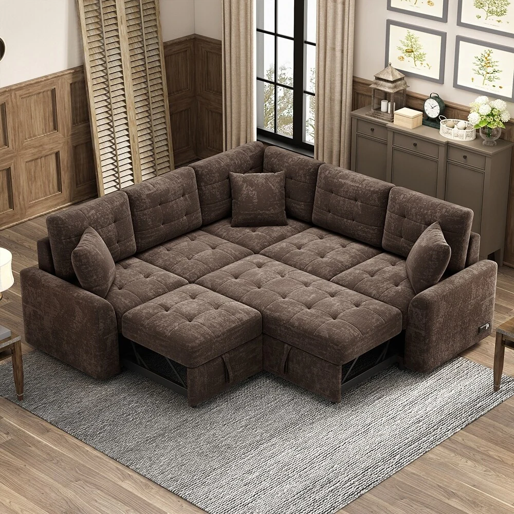 82.6 Mobile Sleeper Sectional Sofa, USB, Power Outlets, Wheels