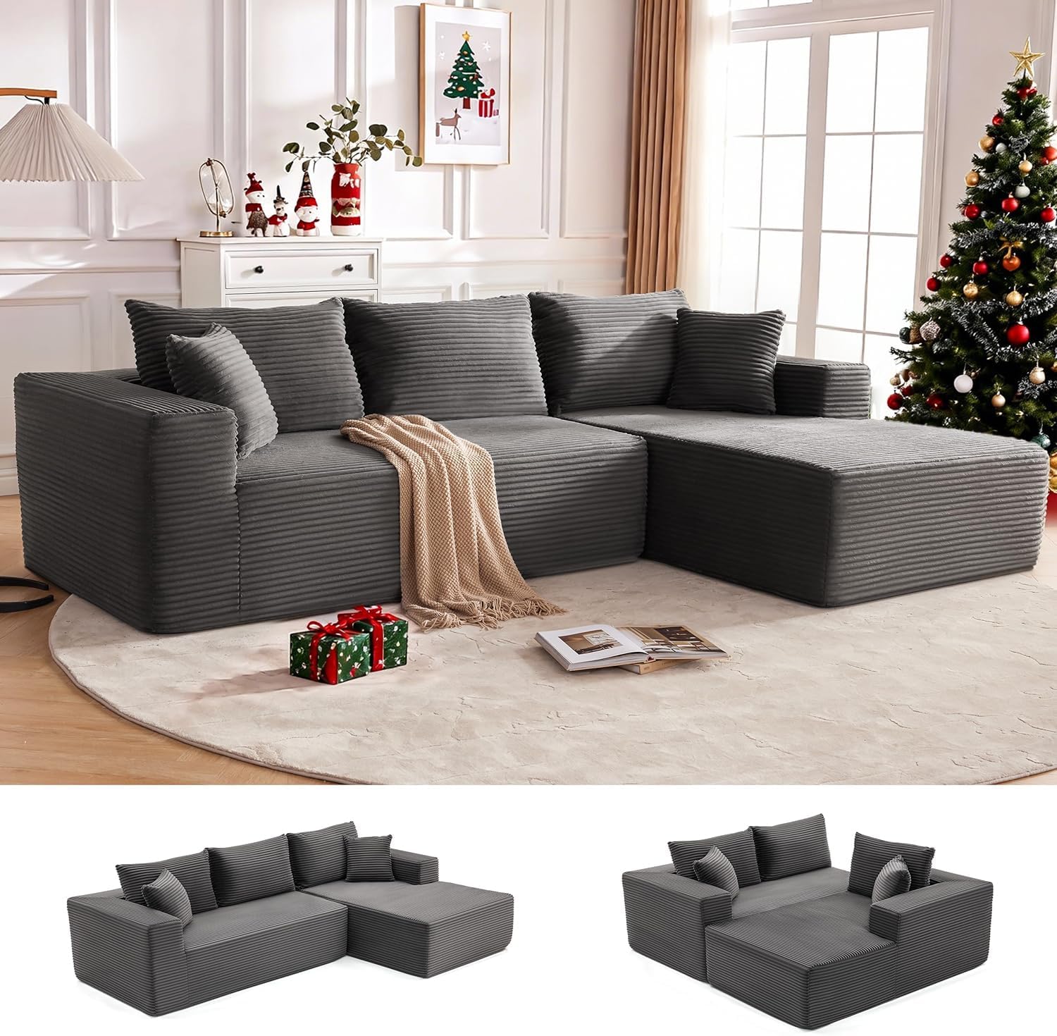 110” Cloud Sectional Couch, Boneless Sofa for Living Room, Modular Sectional Sofa with Deep Seat, Fluffy Couch with L-Shaped Chaise, No Assembly Required (Right-Facing Chaise, Dark Grey)