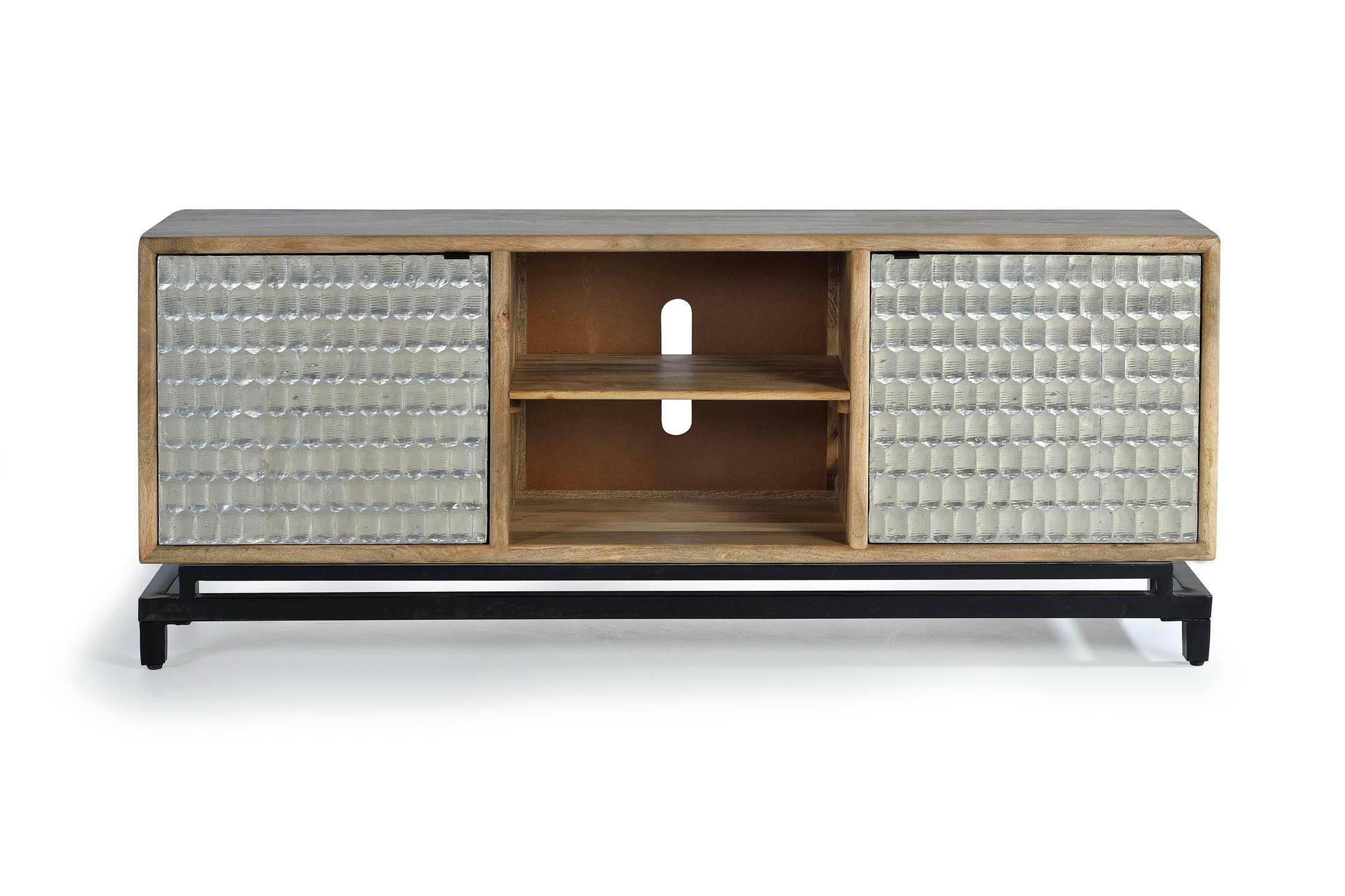 - Meuble tv en bois de manguier et feuille de cuivre sculptée