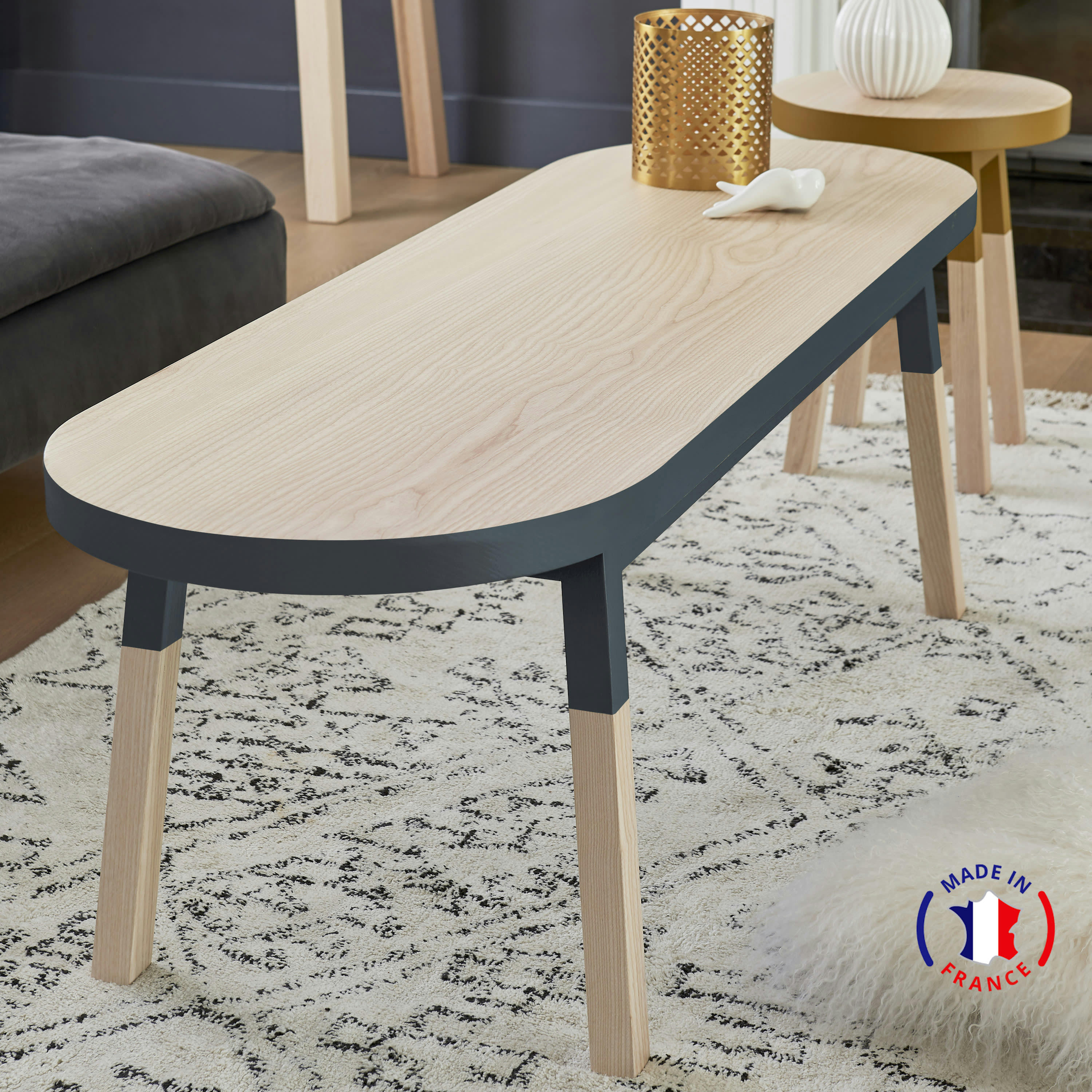 EGEE - Table basse banc 140 cm, 100% frêne massif bleu sombre de rance