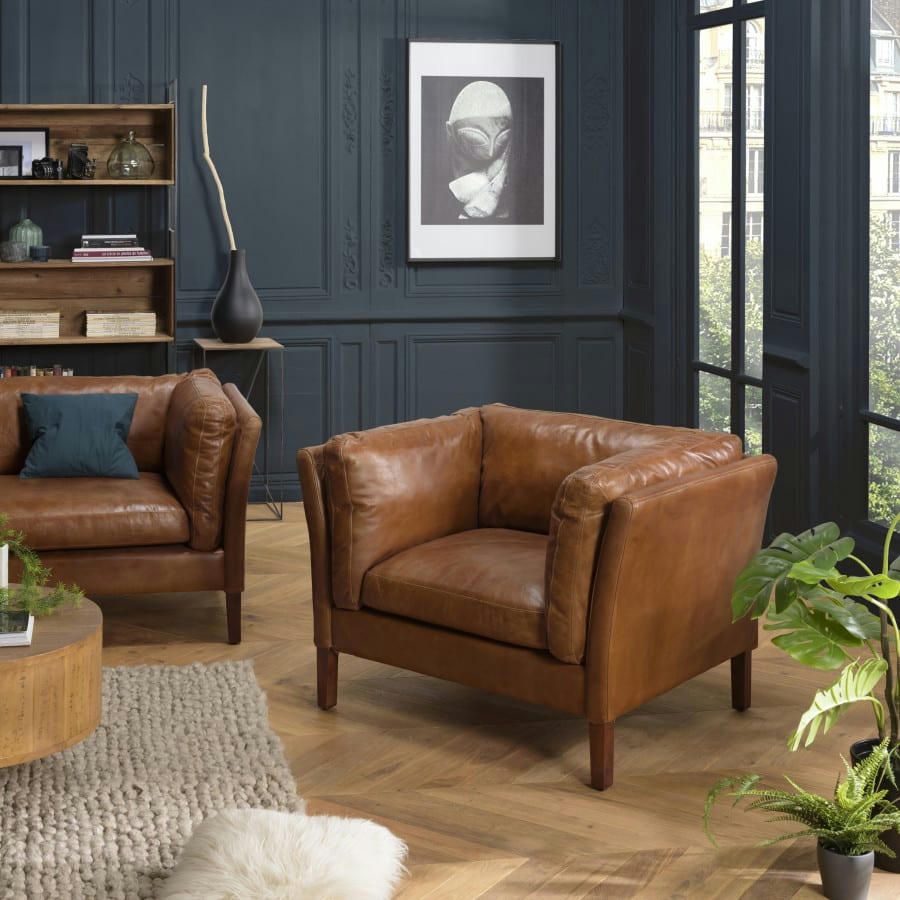 GASTON - Fauteuil vintage en cuir marron pieds en bois