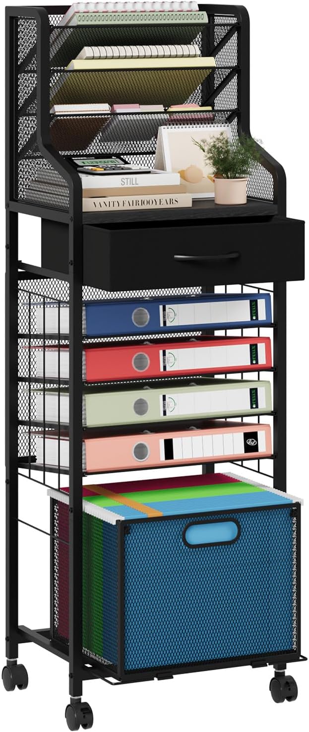 SWTYMIKI 10-Tier Rolling File Cart - Mesh Paper Organizer with Drawer and Hanging File Folders on Lockable Wheels, Rolling File Cabinet for Office Organization, Storage in Home, Studio, School, Black