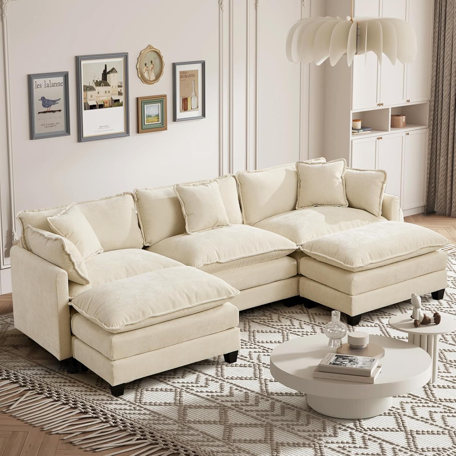 111.5” Modular Sectional Sofa L-Shaped Convertible Couches, 3 Seater Chenille Deep Seat Sleeper Cloud Couch with Pillows and 2 Ottomans for Living Room, Apartment, Office(Beige)