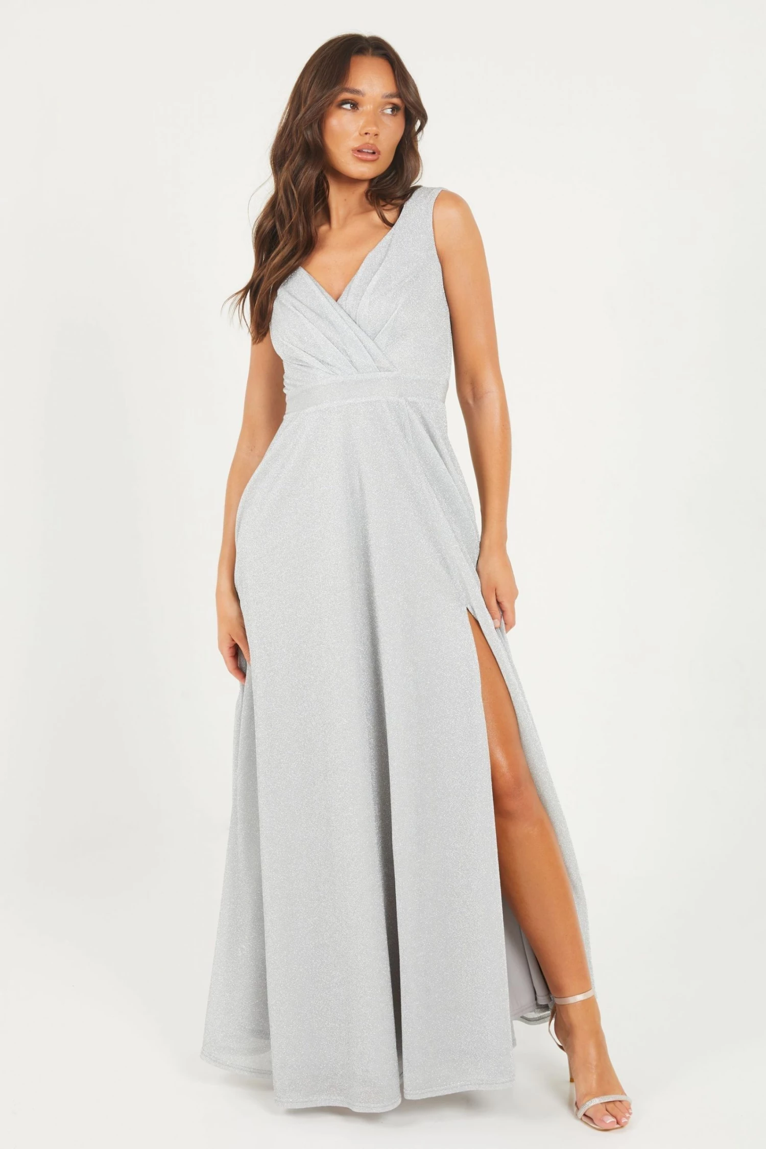 Quiz Silver Glitter Wrap Maxi Dress