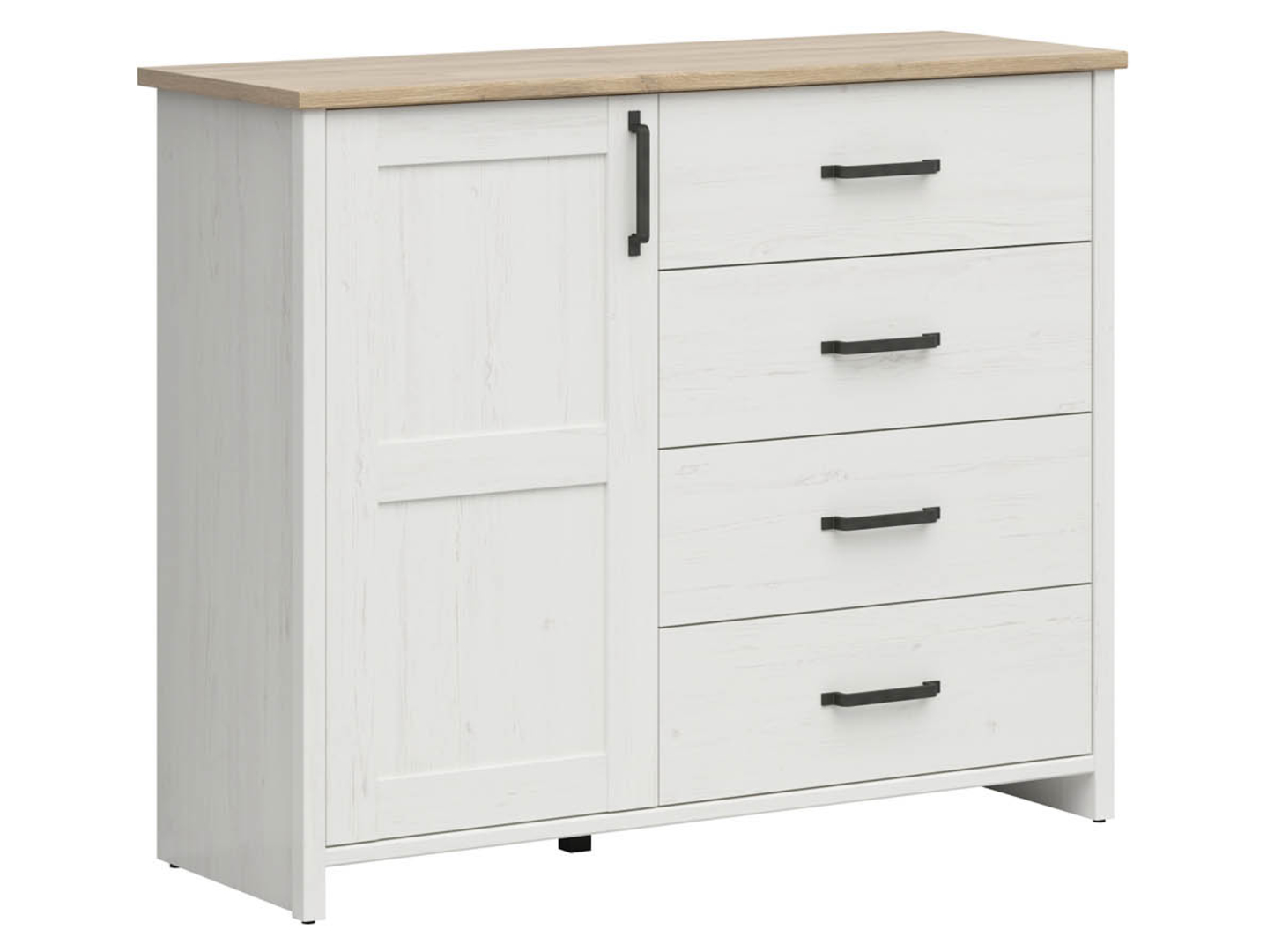Komoda Loksa 120 cm z drzwiami i 4 szufladami sosna andersen biała/dąb grandson