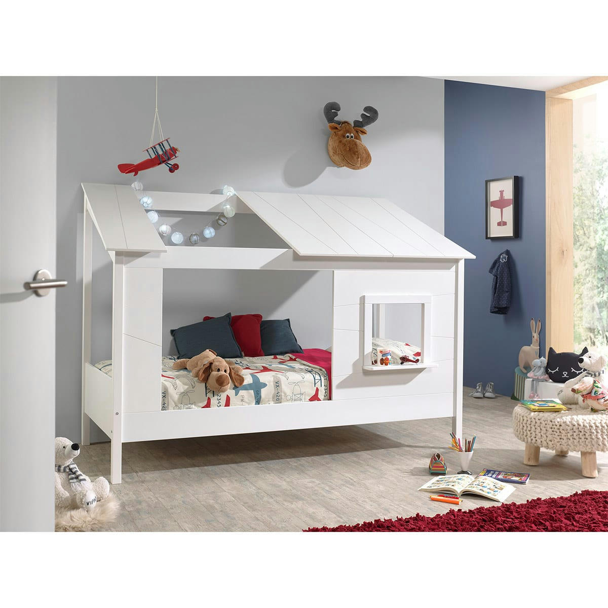 HOUSEBED - Lit cabane 90x200 toit semi-ouvert fenêtre sommier inclus blanc