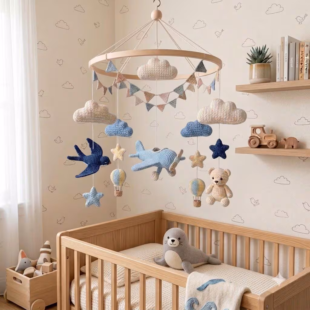 Airplane Baby Mobile, Crochet Baby Crib Mobile, Vintage Aviation Nursery Decor, Teddy Bear & Swallow Mobile, Baby Shower Gift, Newborn Gift