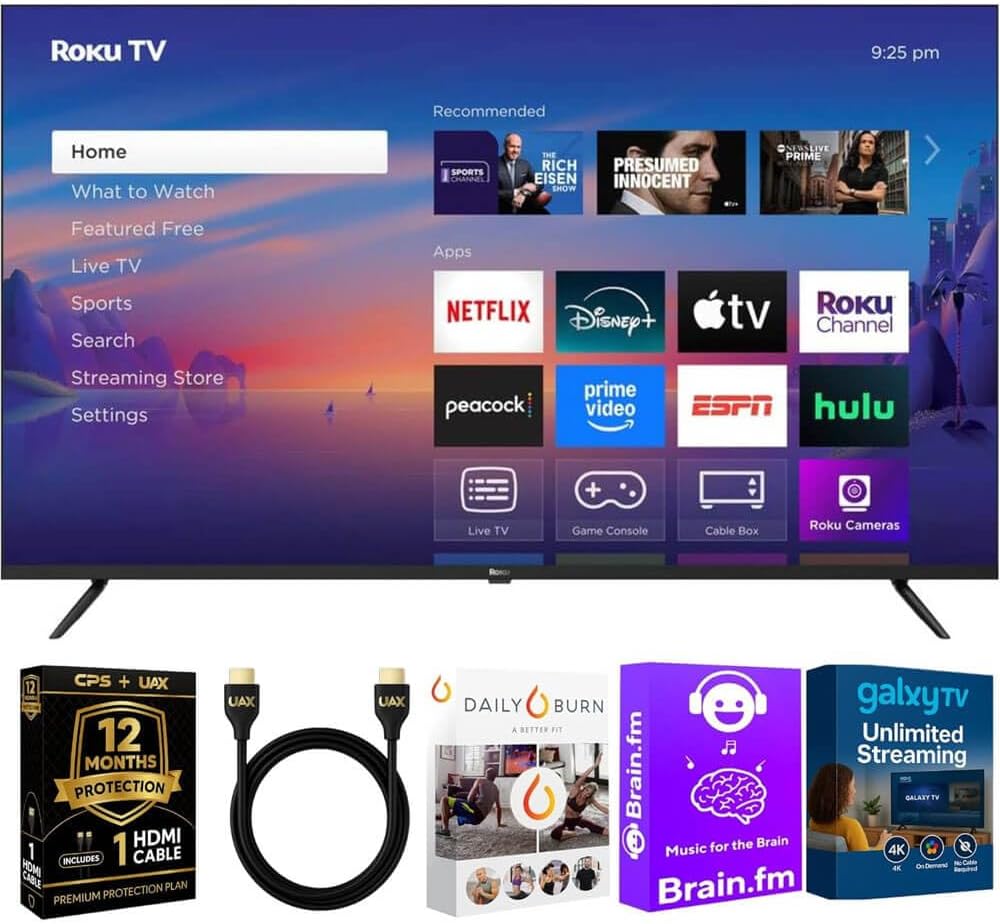 Roku 50-Inch Select Series 4K UHD Smart TV - HDR  Dolby Audio  Compatible with Alexa  Voice Remote  Bluetooth Mode  w/AUX HDMI Cable  CPS 1-Year Protection Plan + Streaming kit