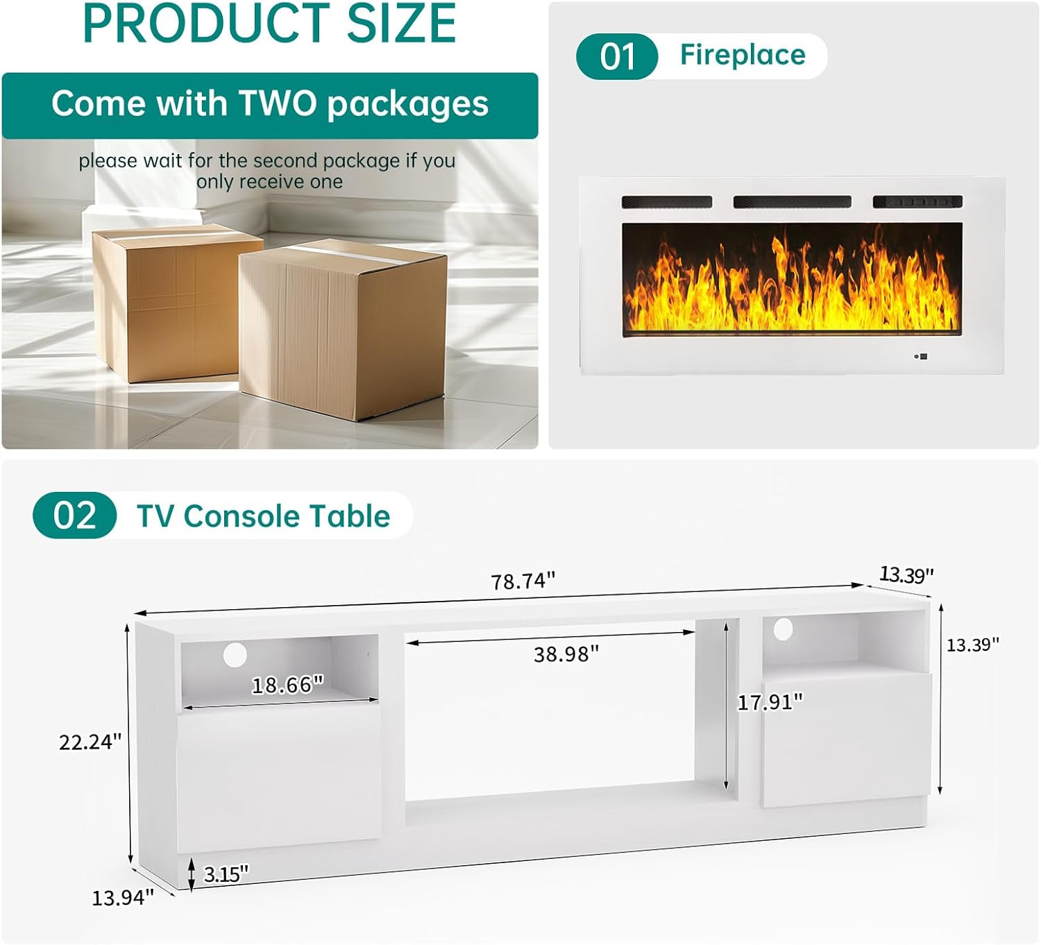 MXV 80 Fireplace TV Stand for TVs Up to 90, LED Light Entertainment Center with 36 Electric Fireplace, Modern Wood Texture TV Media Console with Highlight Storage Cabinet, White-White