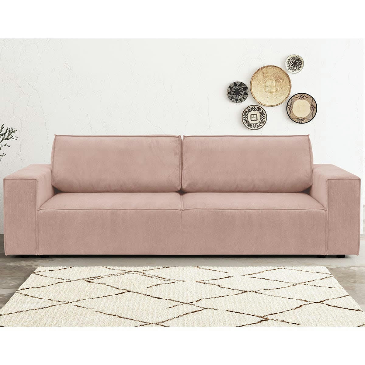 HARPER NEW - Canapé 3 places convertible + coffre en velours fines côtes rose