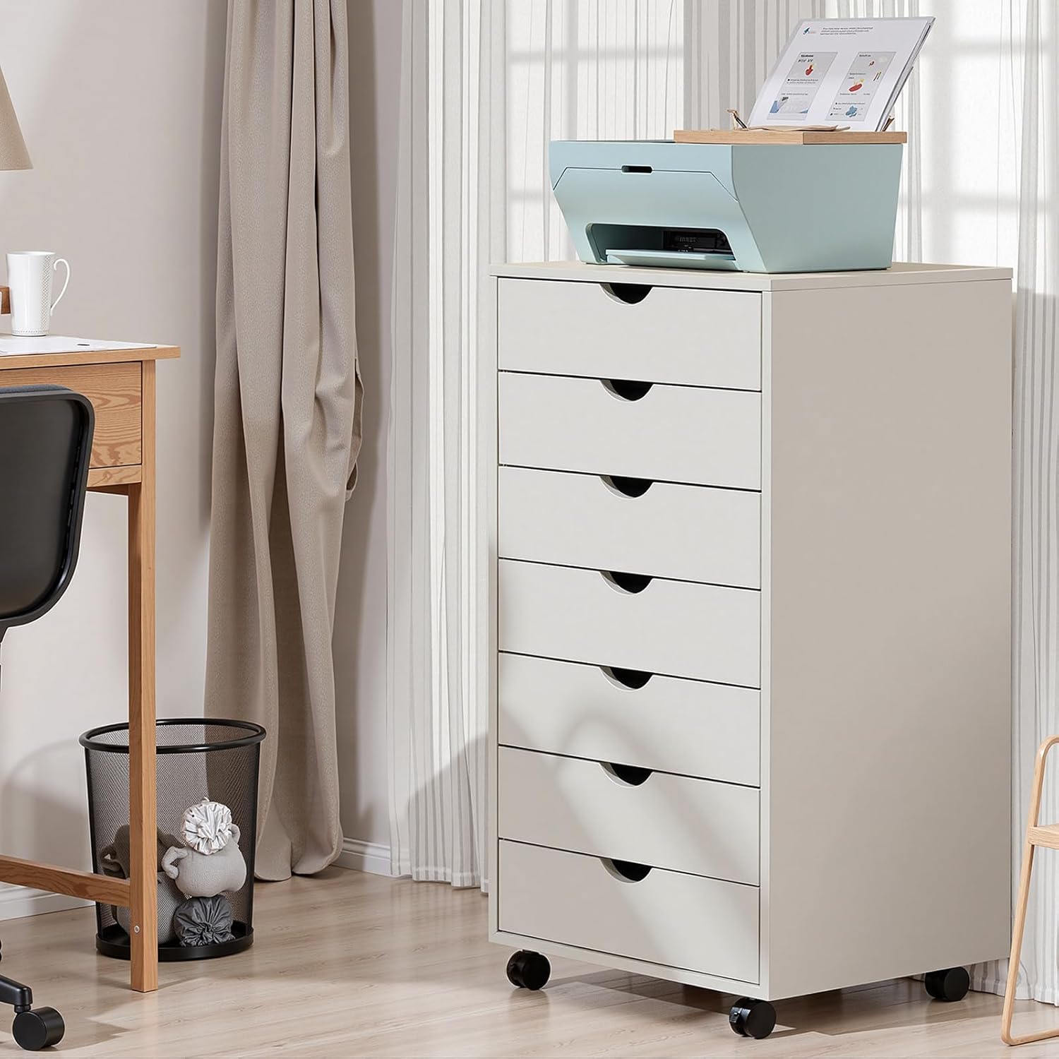 OLIXIS 7 Drawer File Cabinet, Mobile Filing Cabinet Under Desk Storage Organization with Wheels, Vertical Filing Chest Rolling Wood Small Desk Printer Stand for Home Office, White