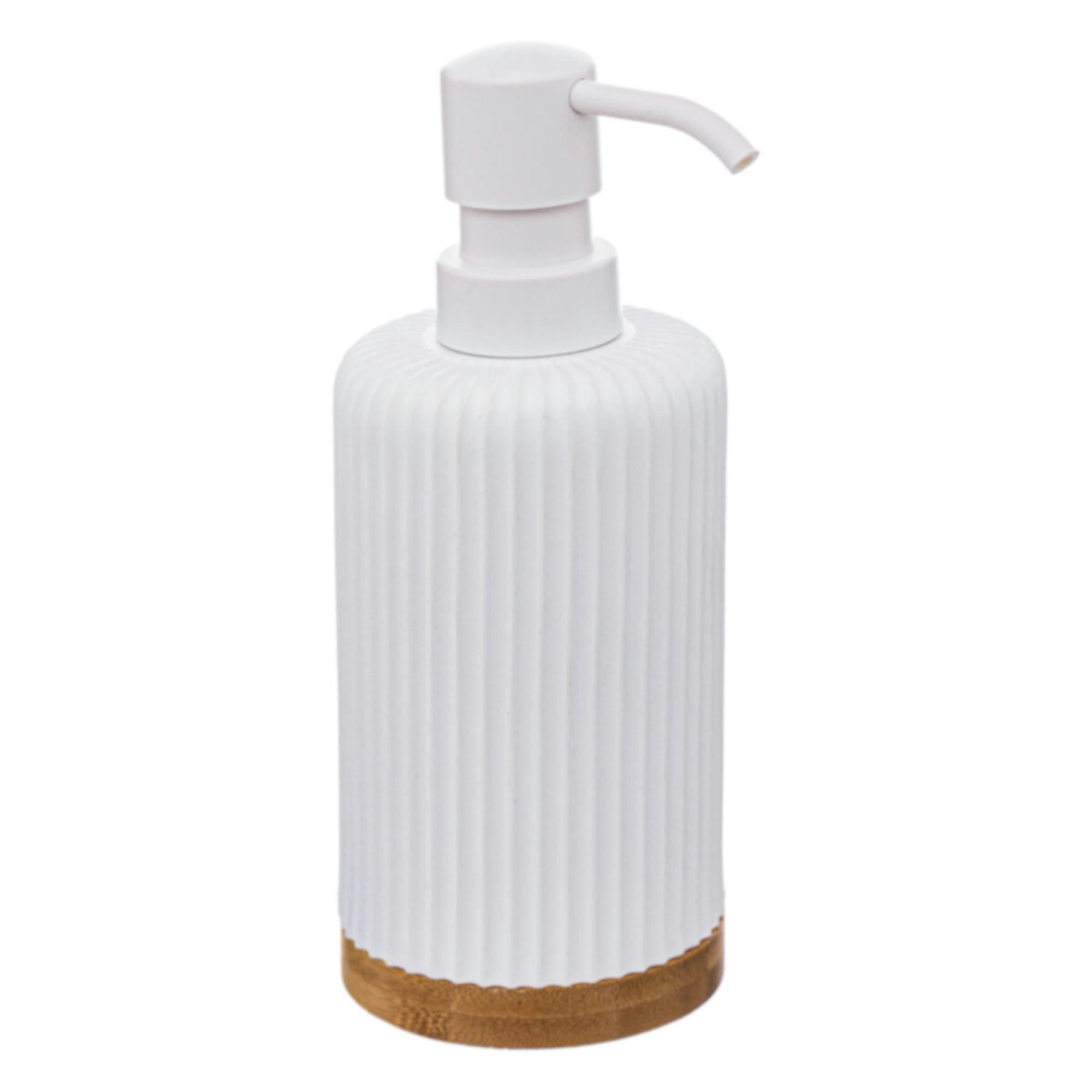 - Distributeur à savon strié polyester/bambou blanc 8.5x18 cm