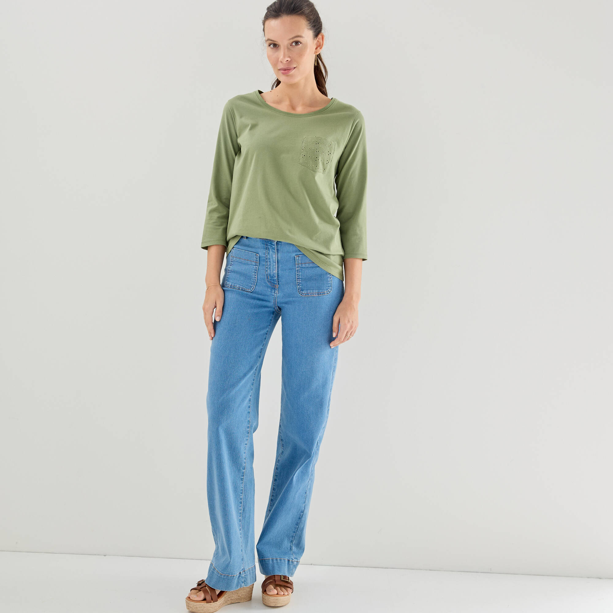 T-shirt col rond manches 3/4, broderie anglaise
