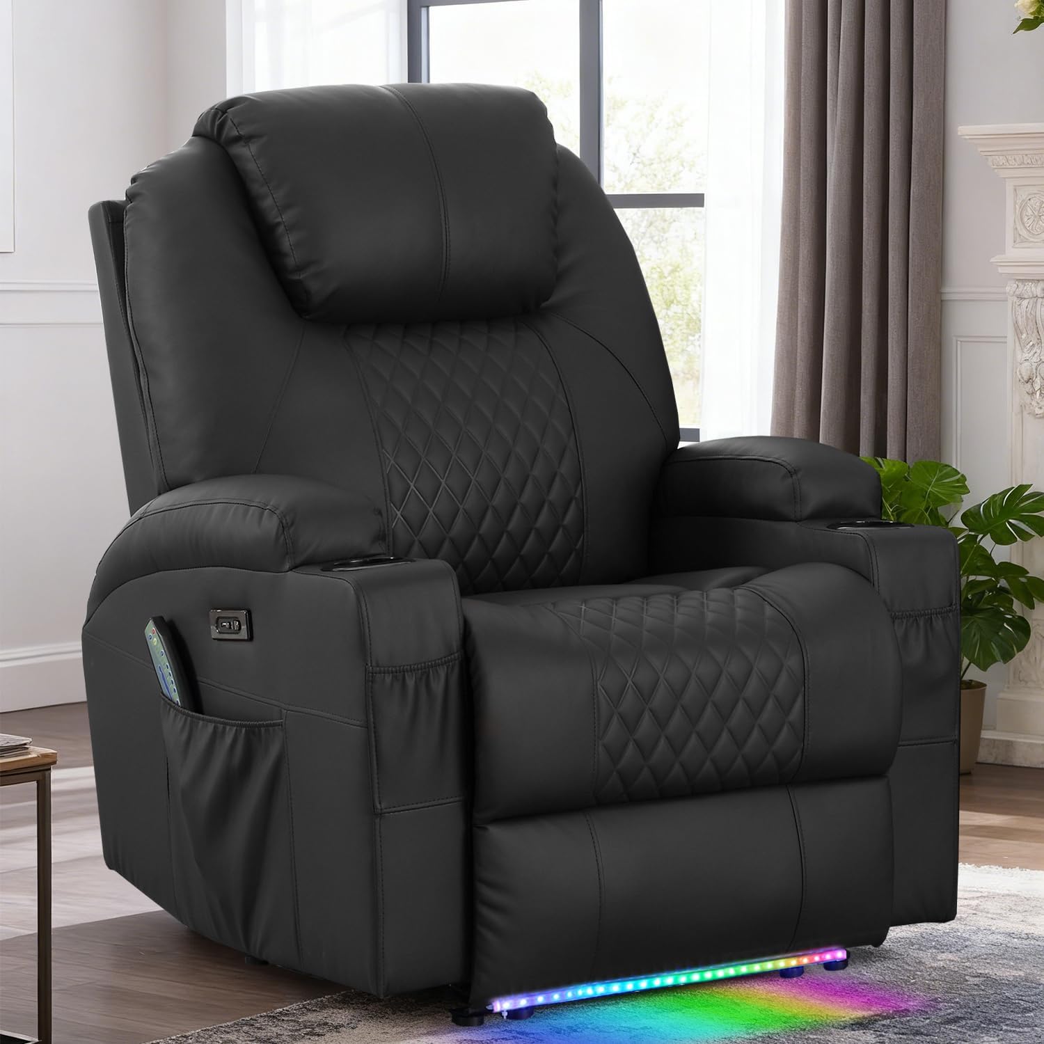 Power Recliner Chair with Heat and Massage for Adults - Home Theater Seating with LED Lights,Cup Holders,Side Pocket,USB Port - Recliner Sofa for Living Room (Black, Single Recliner)