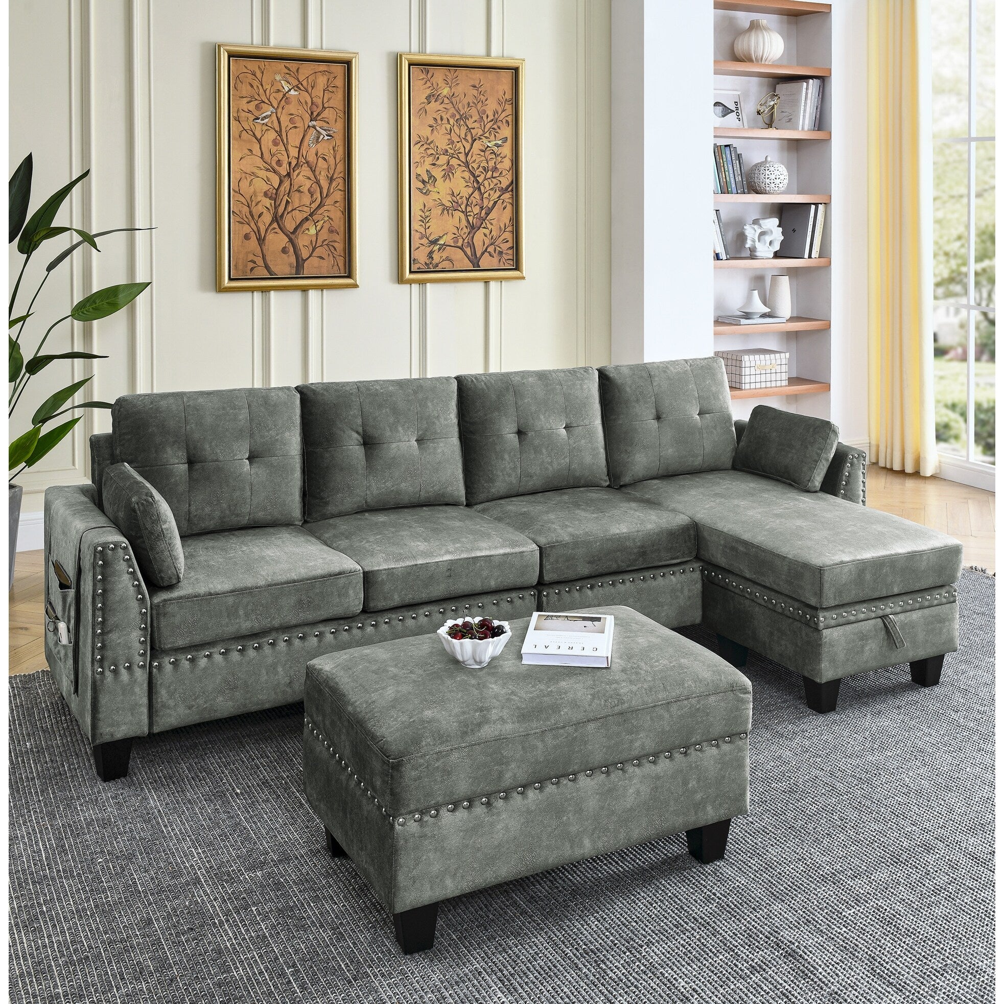 101.5'' Versatile 5 Seater Sectional Sofa Couch with Dual-Sided Storage, Velvet Upholstery, Non-Slip Legs, and Two Pillows