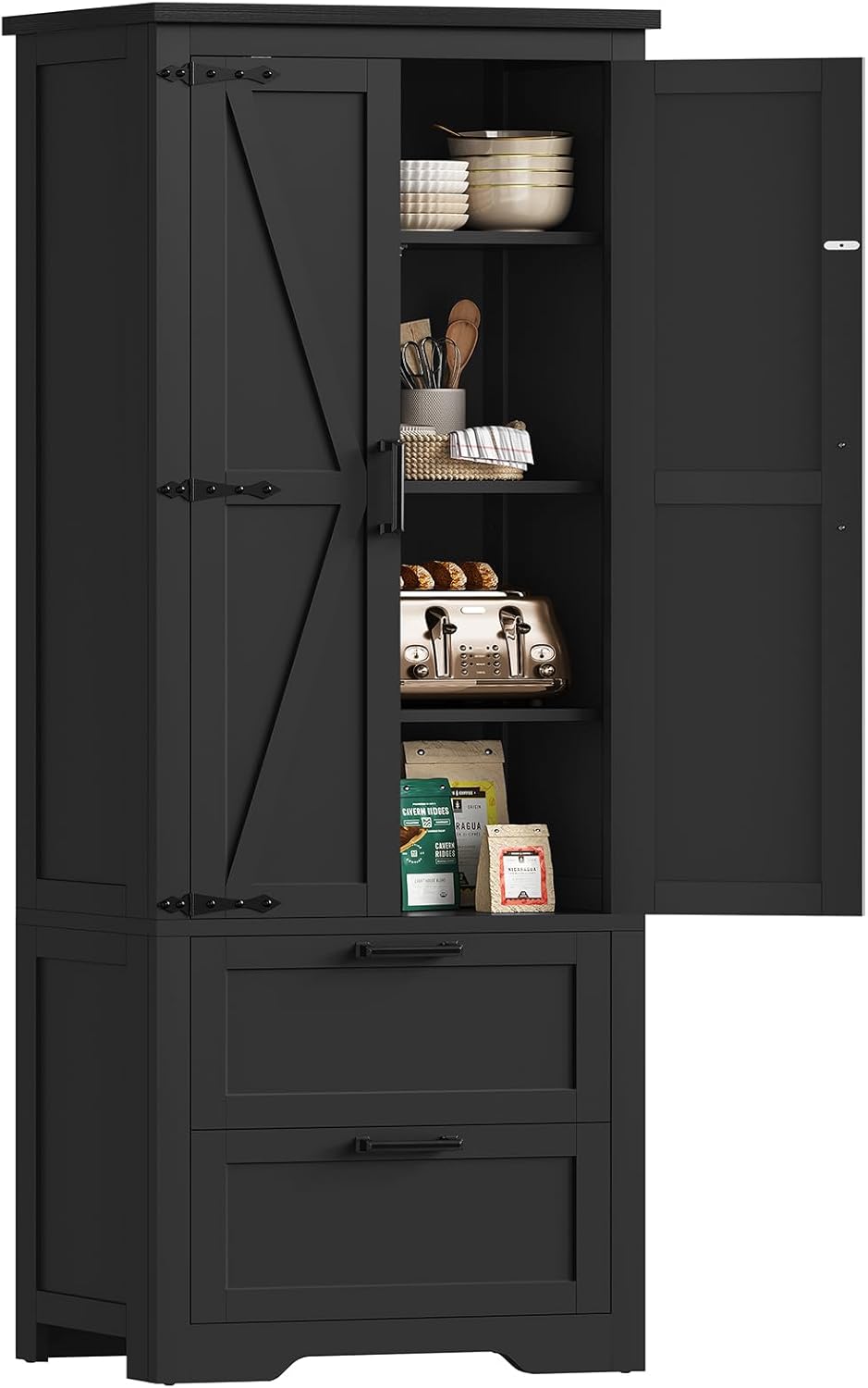 TEENFON 66.1 H Storage Cabinet, Farmhouse Kitchen Pantry Cabinet with 2 Drawers & Adjustable Shelf, Bathroom Cabinet, for Living Room, Kitchen, Bathroom, Black