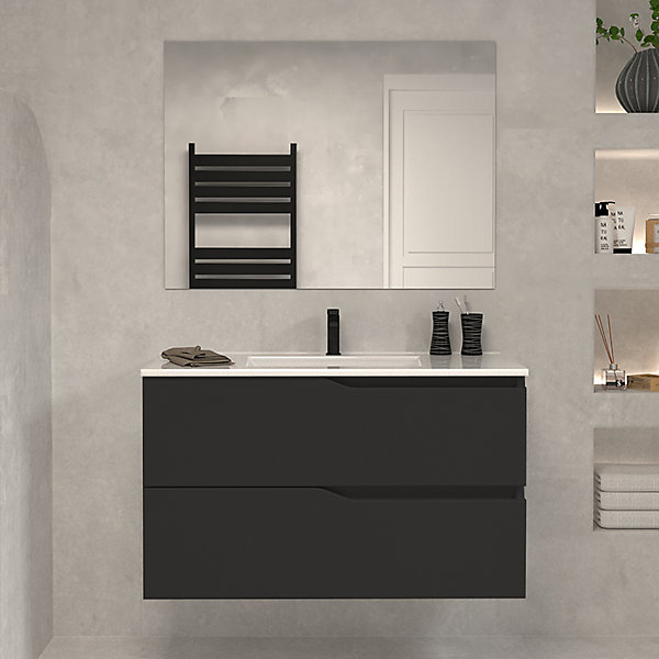 Meuble sous vasque seul, 2 tiroirs, 80cm, simple vasque - noir - LUNA