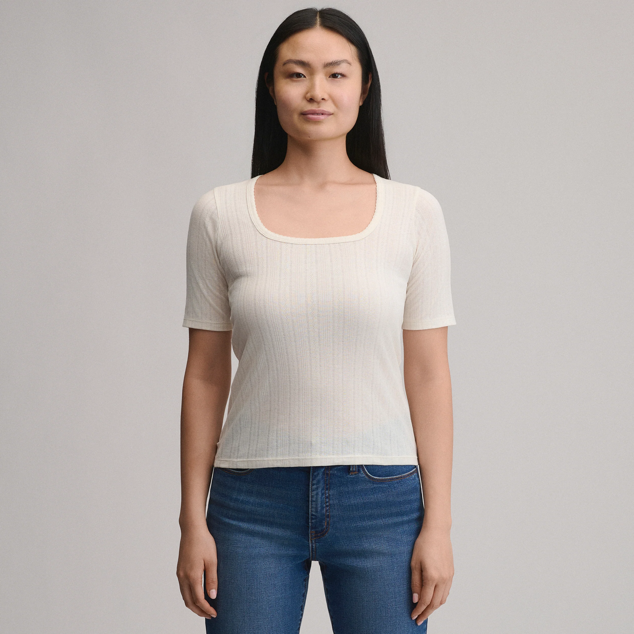 Women's Short-Sleeve Pointelle Square-Neck Crew