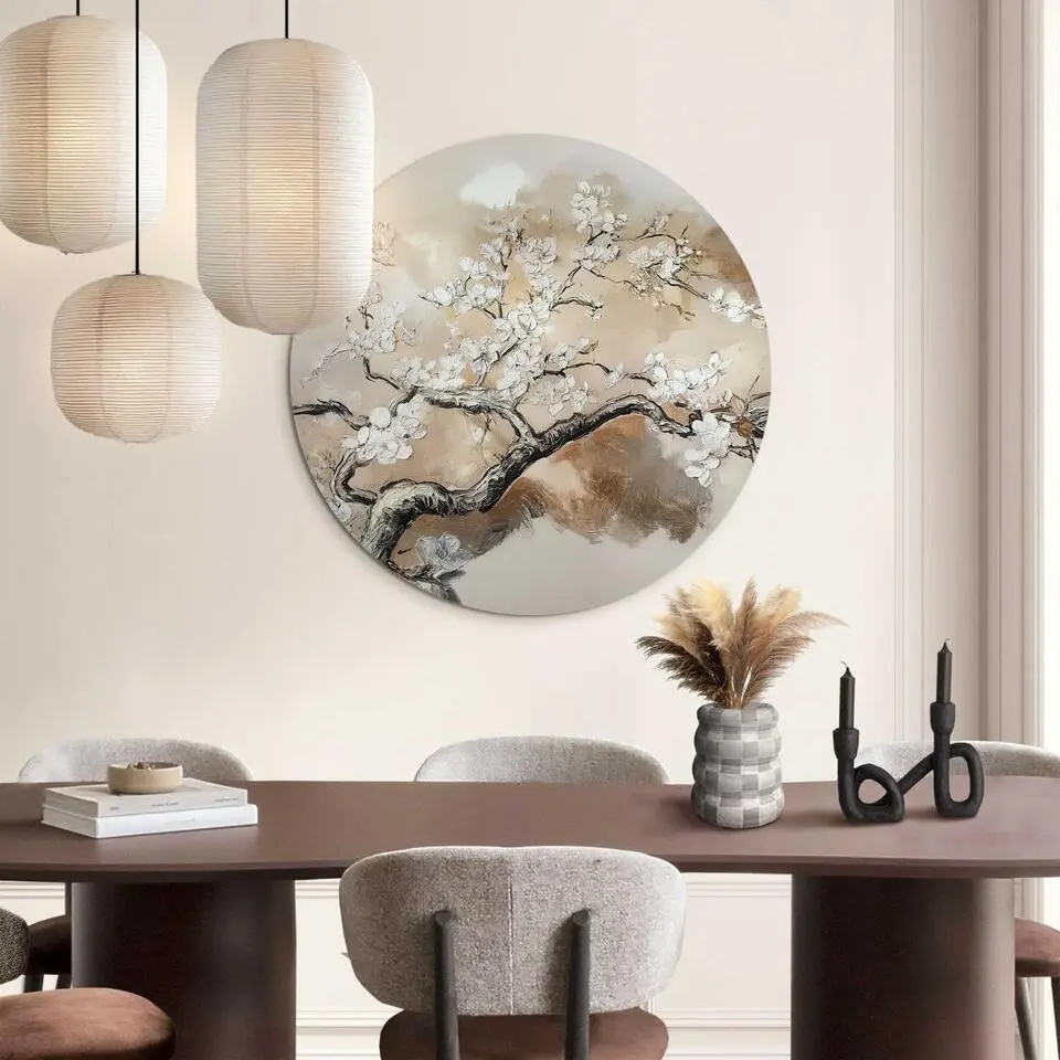 Glasschilderij Boom in bloei - &Oslash; 70 - Beige