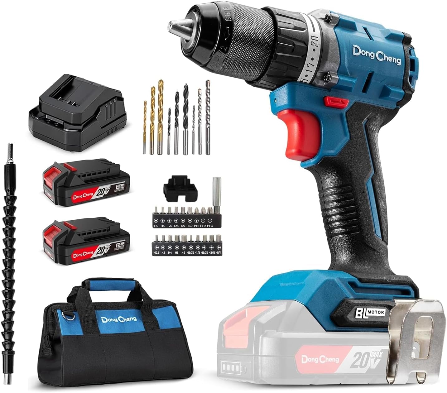 Dong Cheng 20V Brushless Heavy-duty Impact Drill, 531in-lbs, 1/2 Keyless Metal Chuck, 20+1+1 Clutch, Cordless Hammer Drill with 2 * 2.0Ah Battery Kit for Drilling Brick Wall, Metal, Wood
