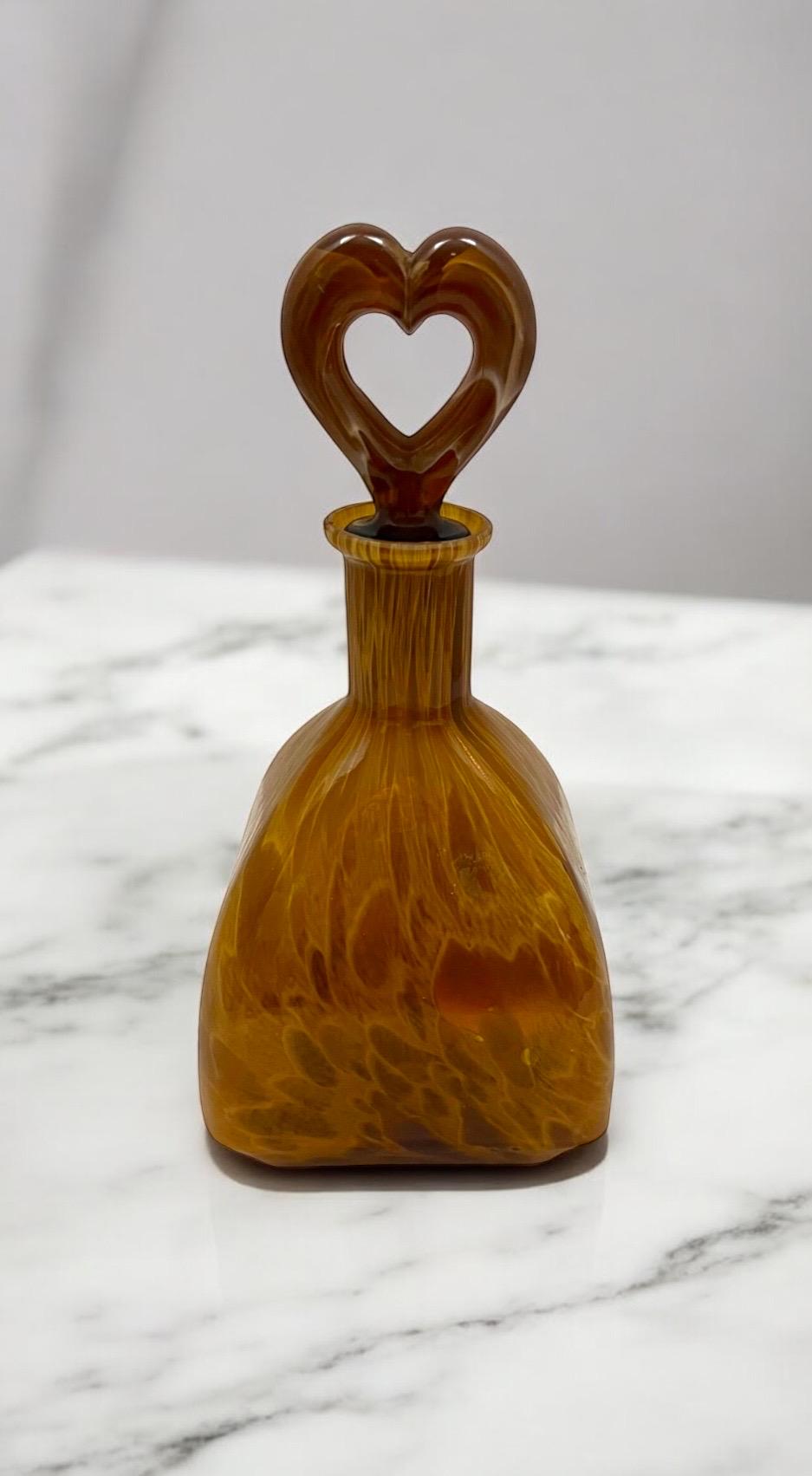 Honey gold Blown Glass Decanter: Venetian Heart Stopper Bottle, Made in Italy