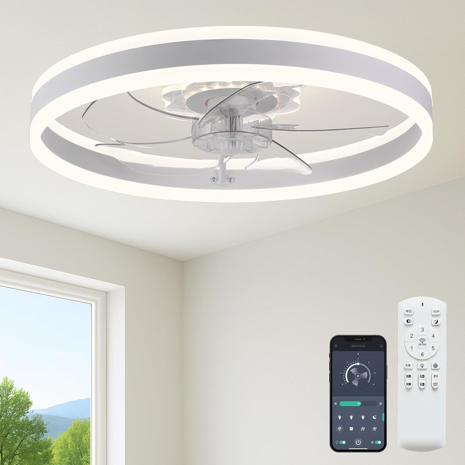 Fszdorj 23.6'' Ceiling Fan with Light, Upgraded Low Profile Fan, Flush Mount Ceiling Fan, 6 Speeds, Dimmable LED, App & Remote Control, Quiet DC Motor, for Bedroom, Living Room, F105 White